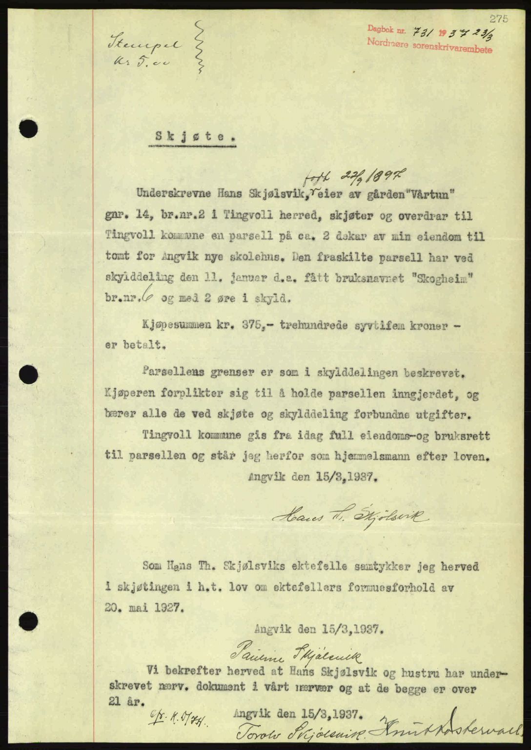 Nordmøre sorenskriveri, AV/SAT-A-4132/1/2/2Ca: Mortgage book no. A81, 1937-1937, Diary no: : 731/1937