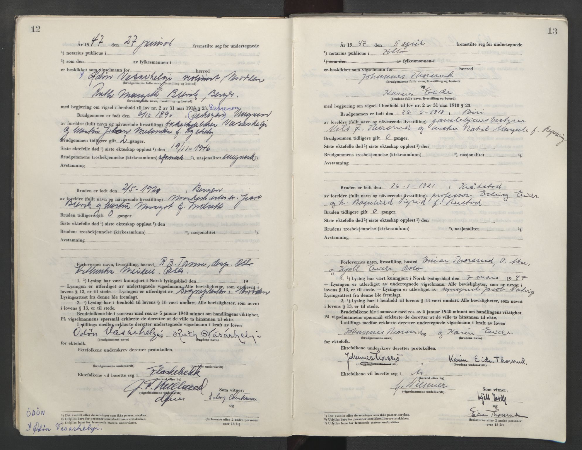 Follo sorenskriveri, AV/SAO-A-10274/L/La/Lab/L0003: Vigselsbok, 1946-1955, p. 12-13