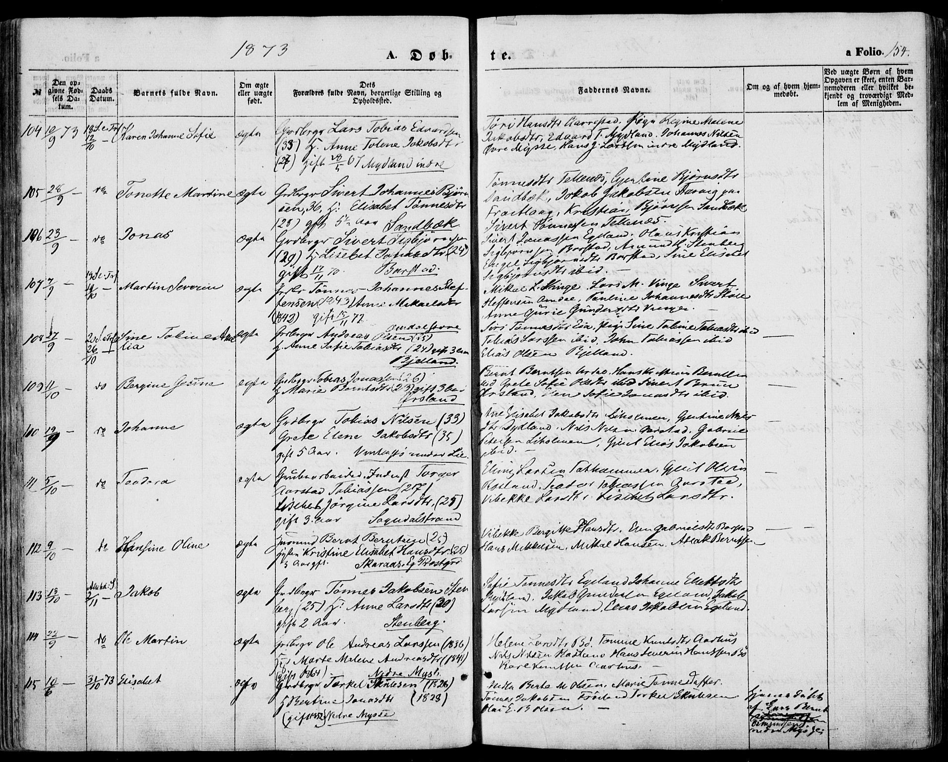 Sokndal sokneprestkontor, AV/SAST-A-101808: Parish register (official) no. A 9, 1857-1874, p. 154