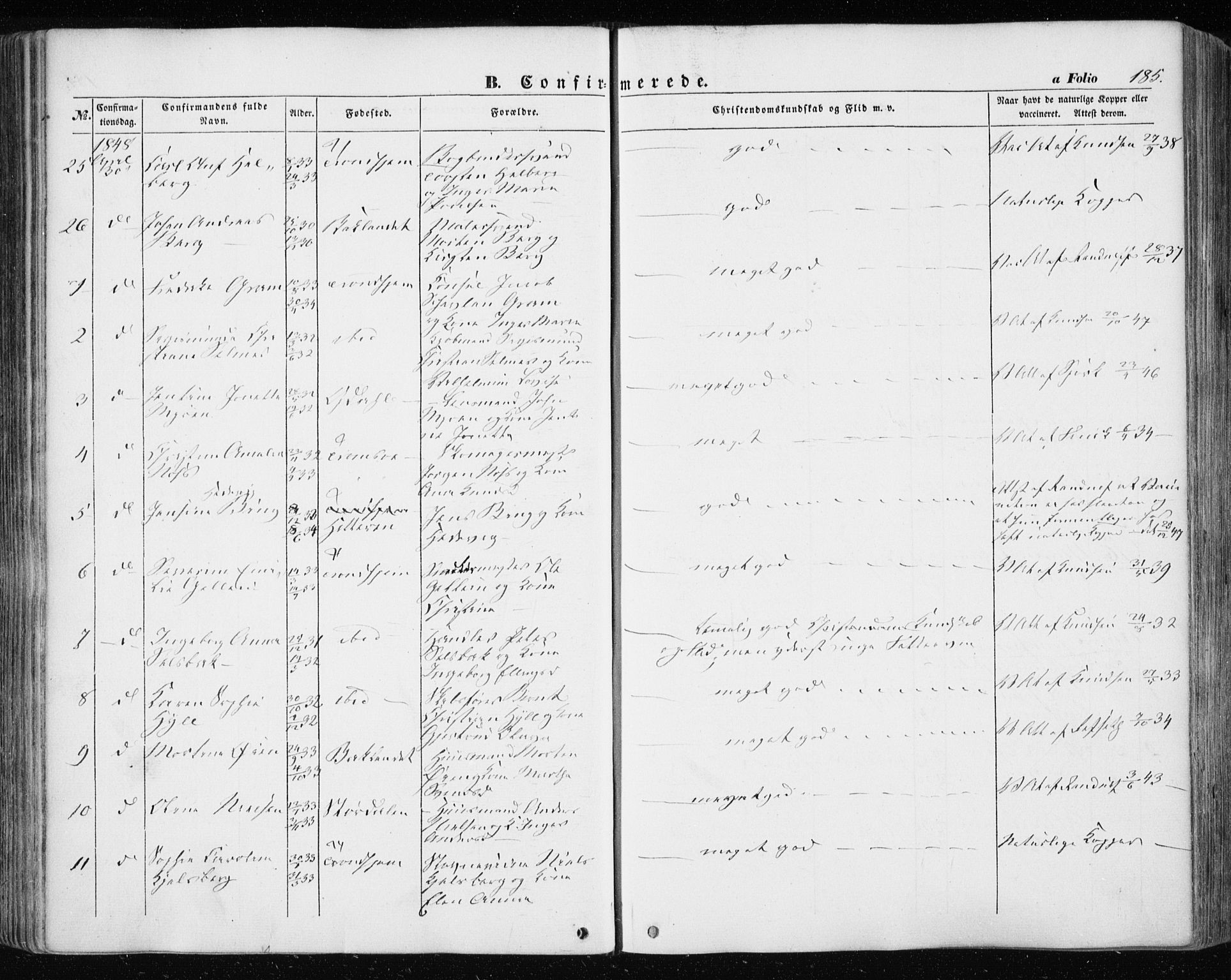Ministerialprotokoller, klokkerbøker og fødselsregistre - Sør-Trøndelag, SAT/A-1456/601/L0051: Parish register (official) no. 601A19, 1848-1857, p. 185