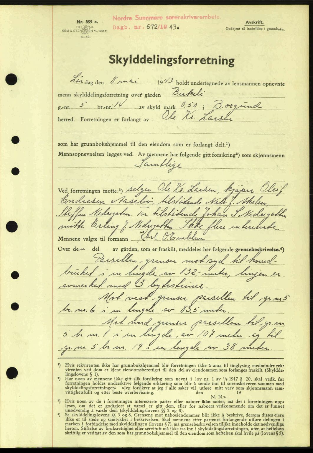 Nordre Sunnmøre sorenskriveri, AV/SAT-A-0006/1/2/2C/2Ca: Mortgage book no. A15, 1942-1943, Diary no: : 672/1943