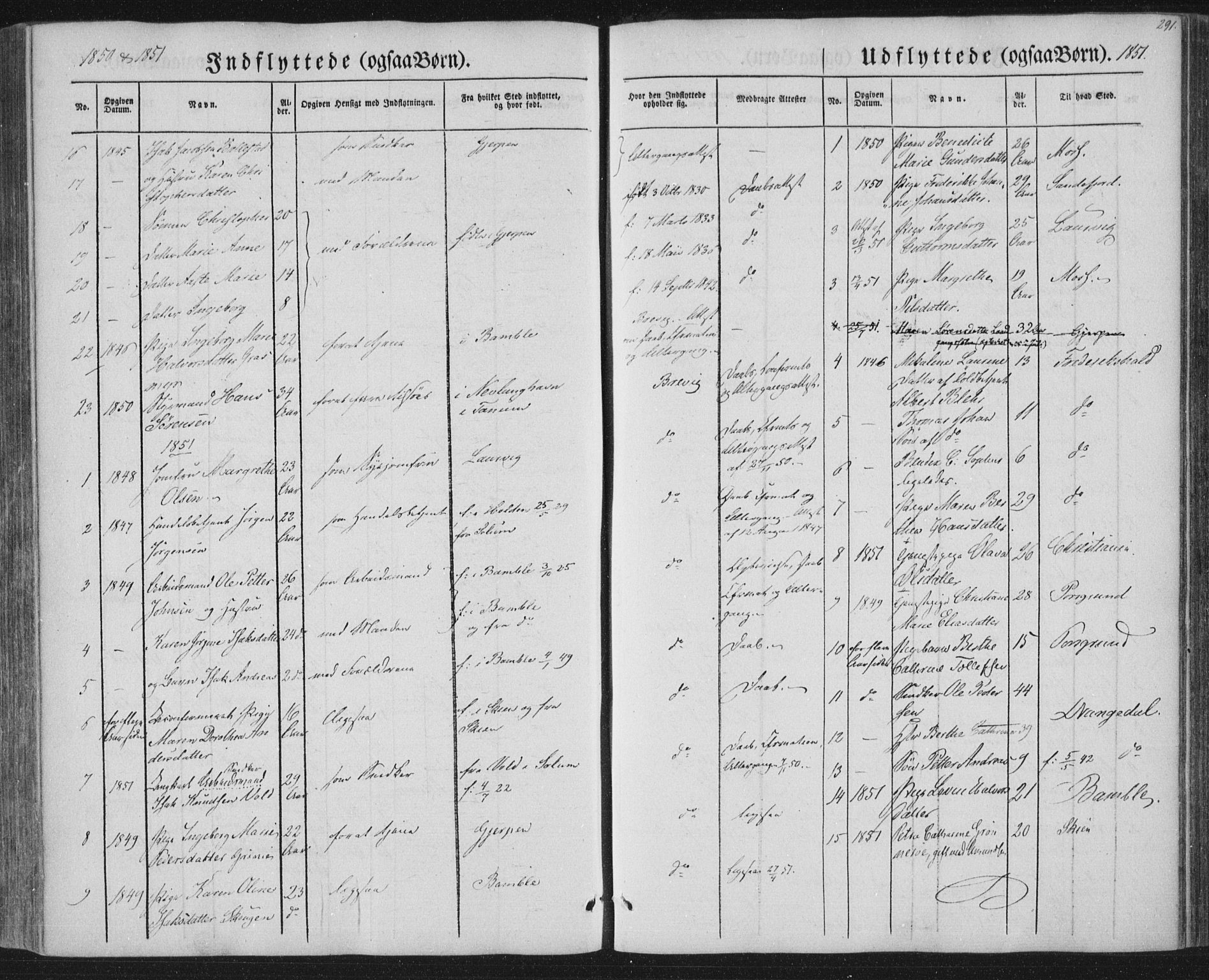 Brevik kirkebøker, SAKO/A-255/F/Fa/L0005: Parish register (official) no. 5, 1847-1865, p. 291