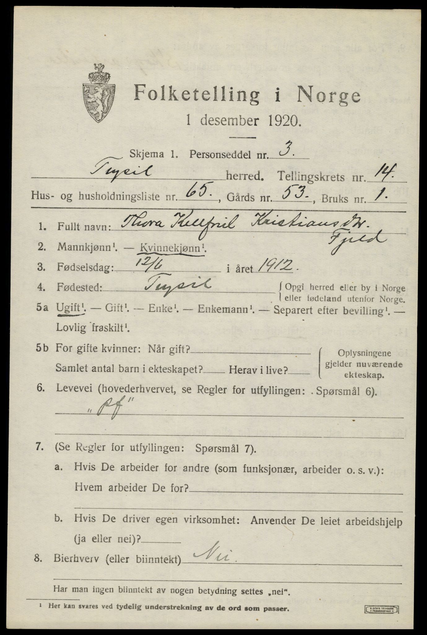 SAH, 1920 census for Trysil, 1920, p. 8709