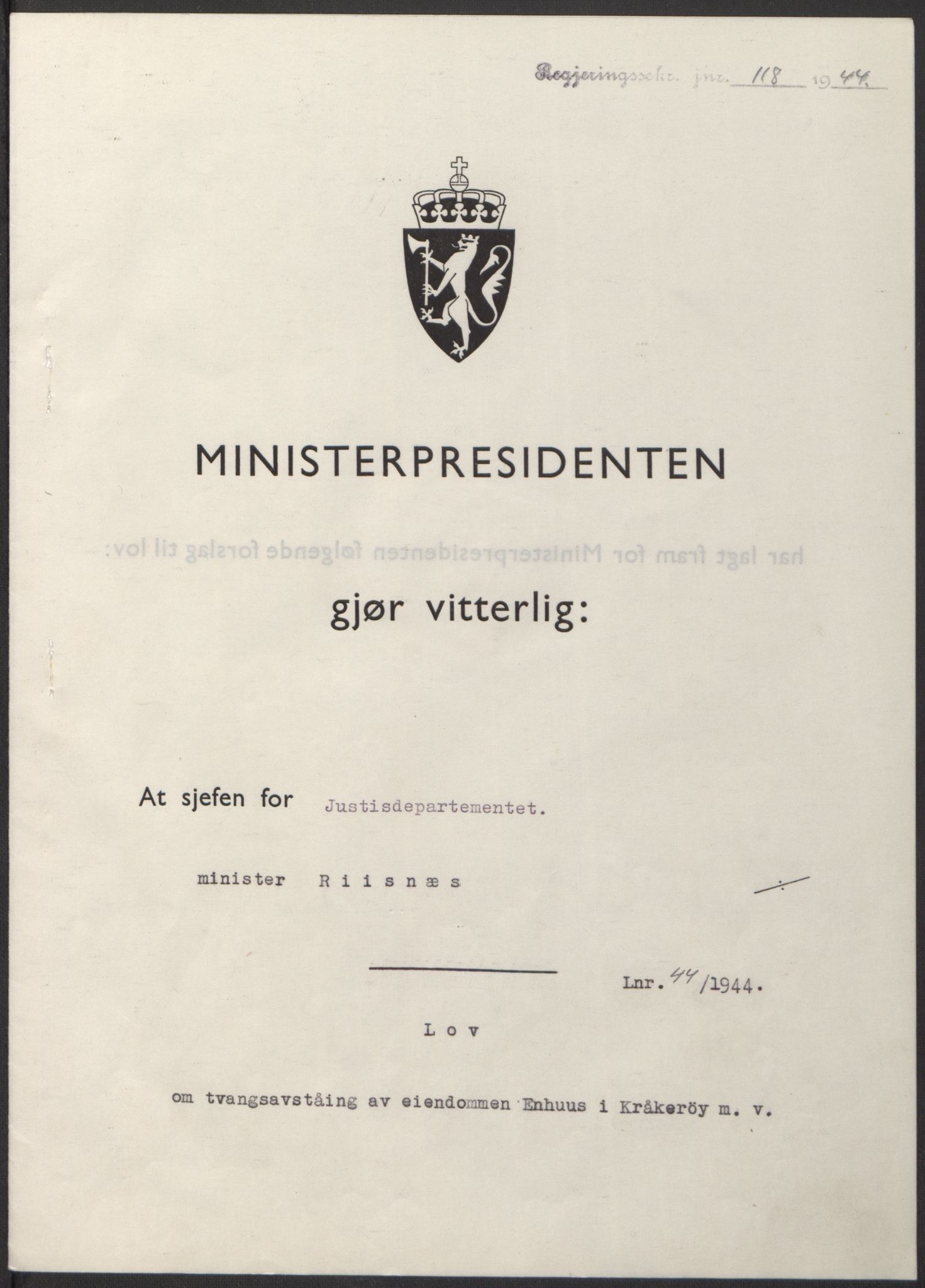 NS-administrasjonen 1940-1945 (Statsrådsekretariatet, de kommisariske statsråder mm), RA/S-4279/D/Db/L0100: Lover, 1944, p. 209