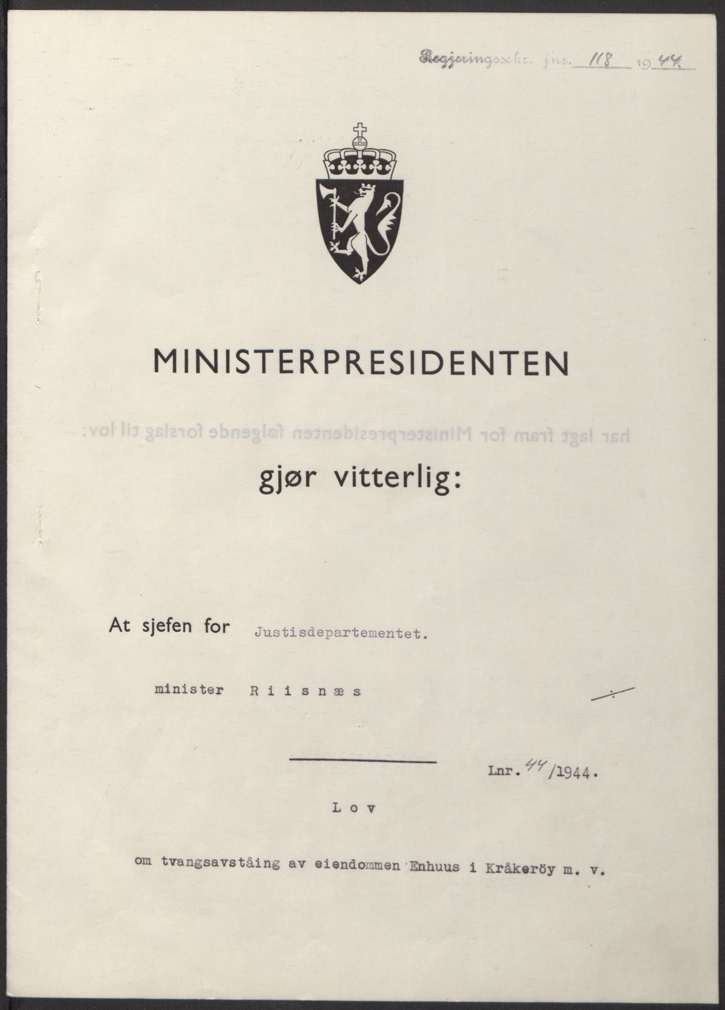 NS-administrasjonen 1940-1945 (Statsrådsekretariatet, de kommisariske statsråder mm), AV/RA-S-4279/D/Db/L0100: Lover, 1944, p. 209