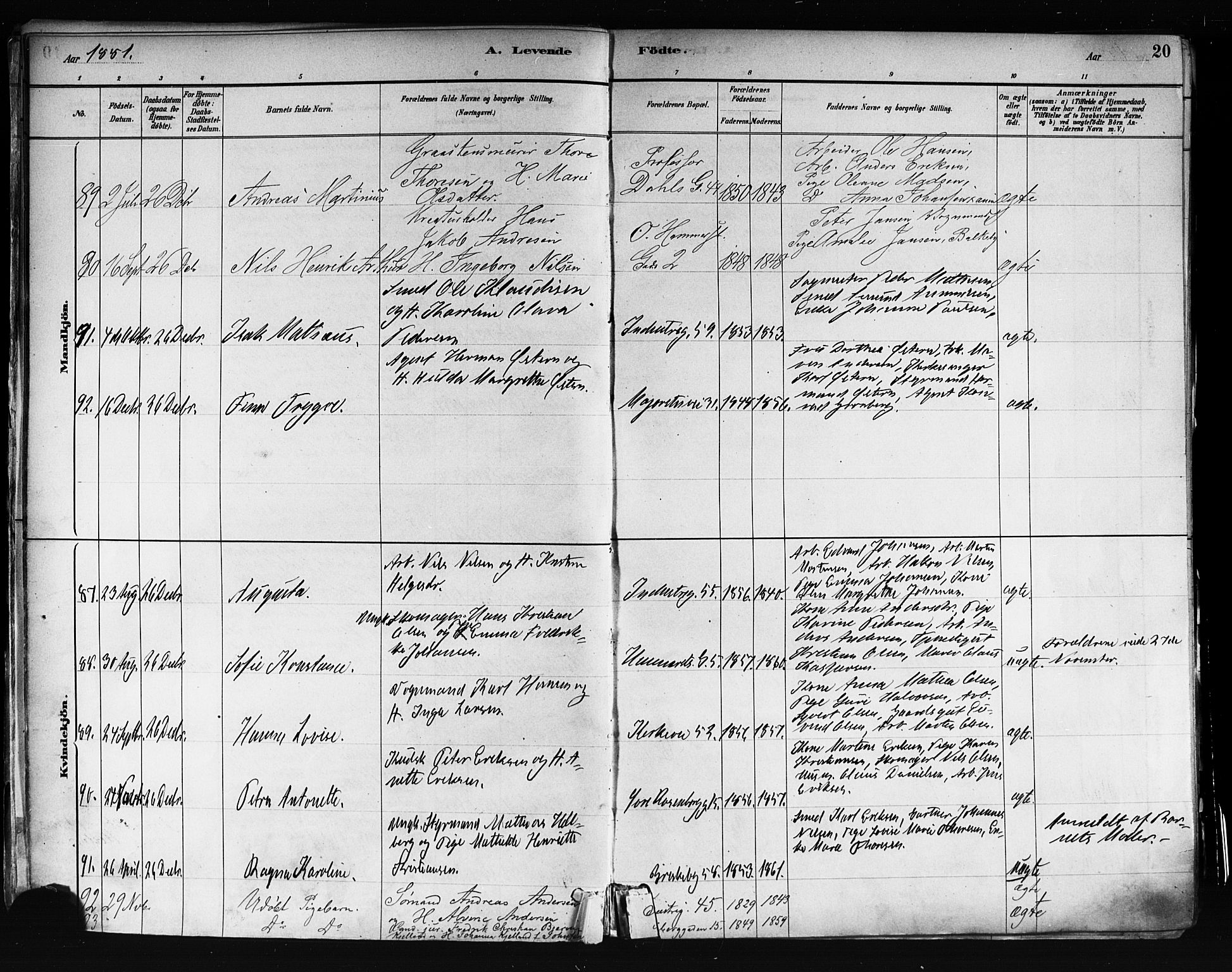 Uranienborg prestekontor Kirkebøker, AV/SAO-A-10877/F/Fa/L0001: Parish register (official) no. 1, 1880-1895, p. 20