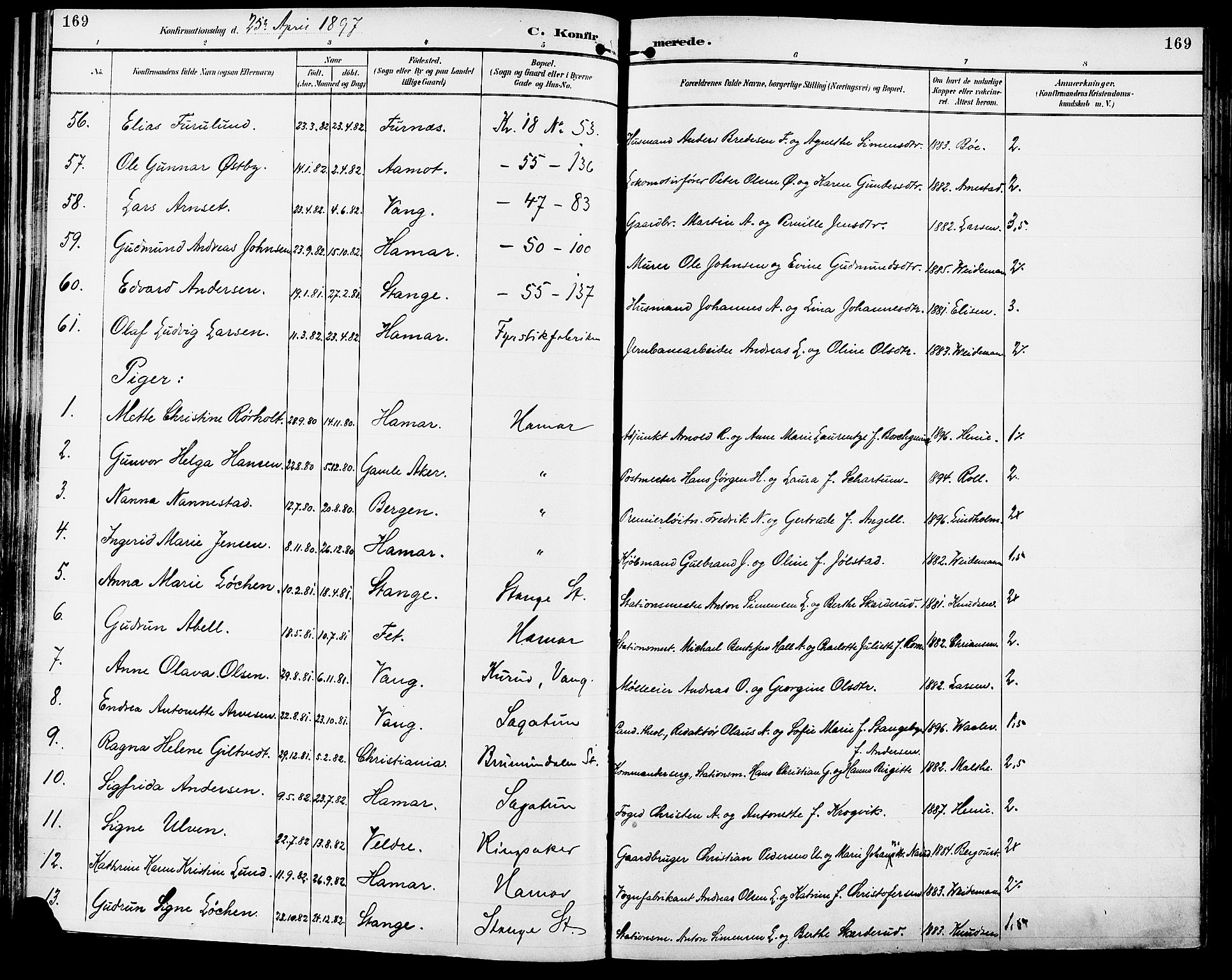 Vang prestekontor, Hedmark, SAH/PREST-008/H/Ha/Haa/L0017: Parish register (official) no. 17, 1890-1899, p. 169