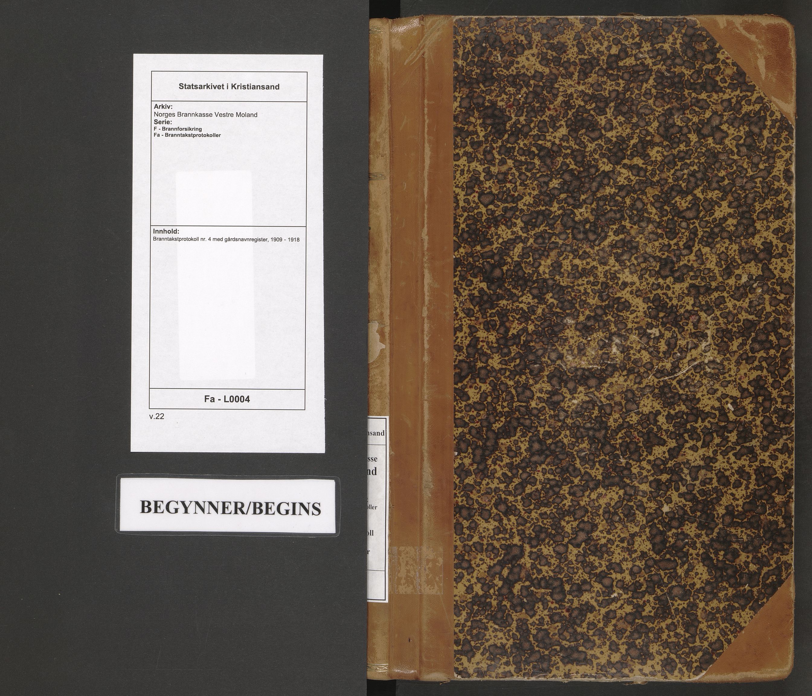 Norges Brannkasse Vestre Moland, AV/SAK-2241-0056/F/Fa/L0004: Branntakstprotokoll nr. 4 med gårdsnavnregister, 1909-1918