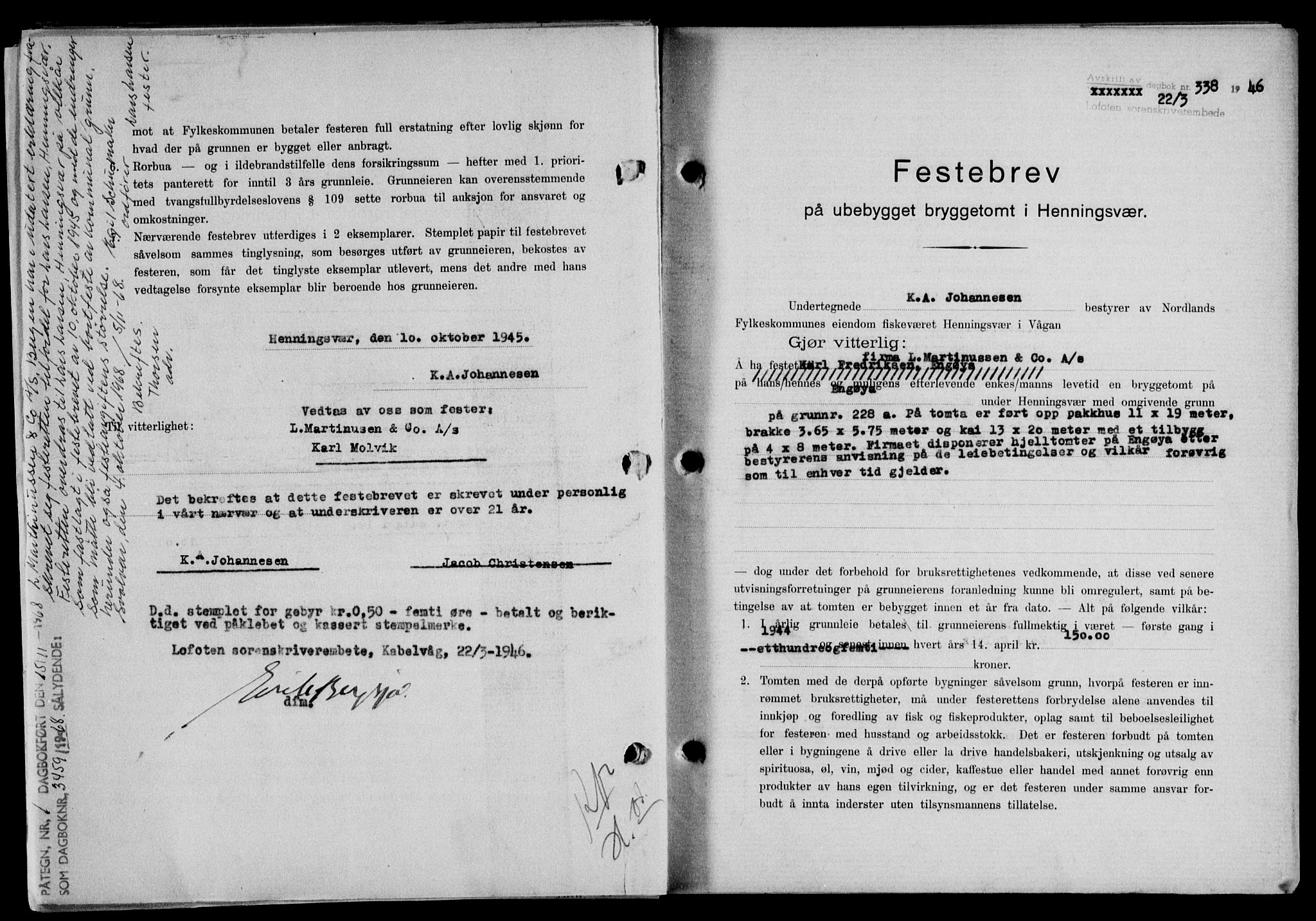 Lofoten sorenskriveri, SAT/A-0017/1/2/2C/L0013a: Mortgage book no. 13a, 1944-1946, Diary no: : 338/1946