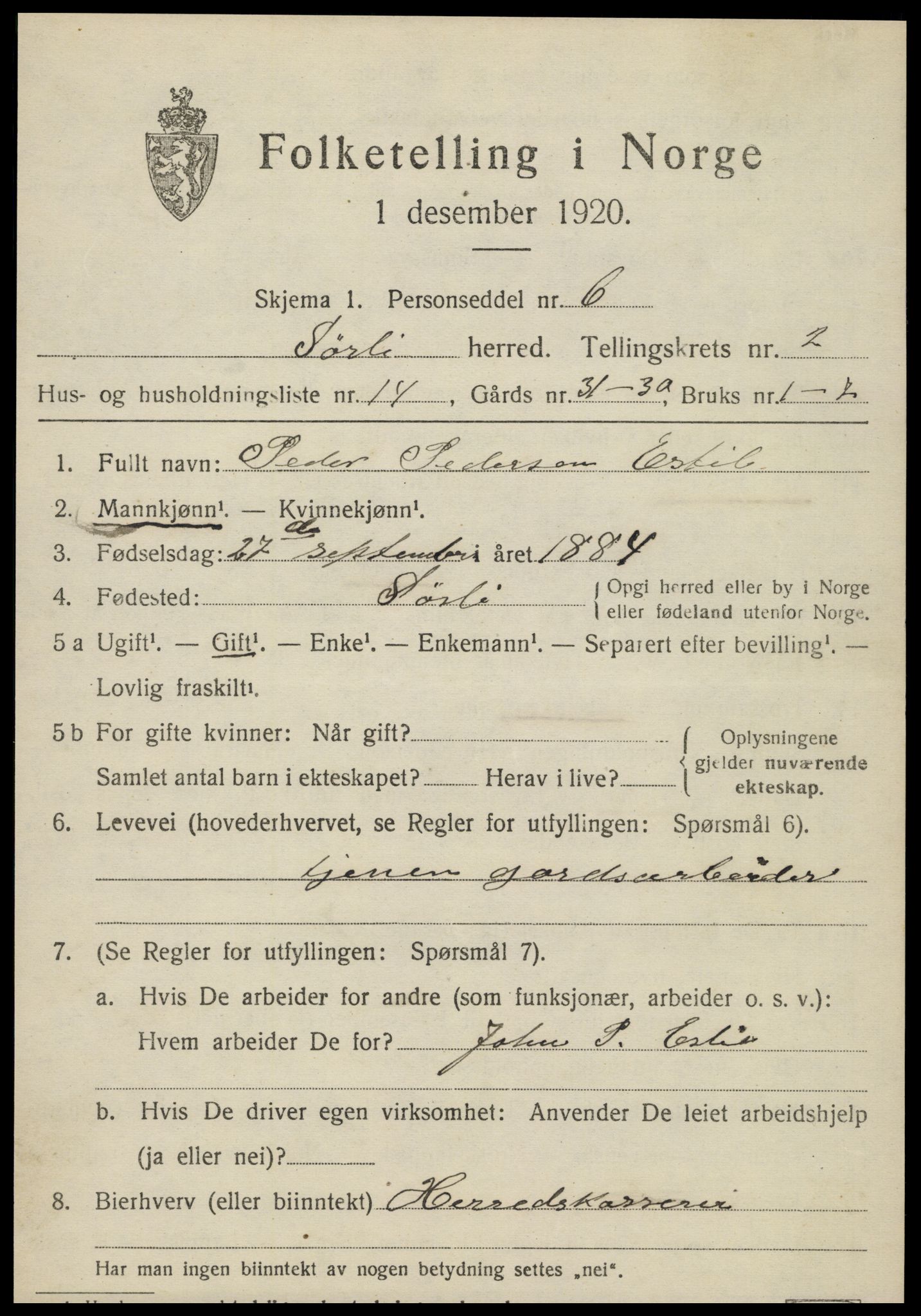 SAT, 1920 census for Sørli, 1920, p. 1017