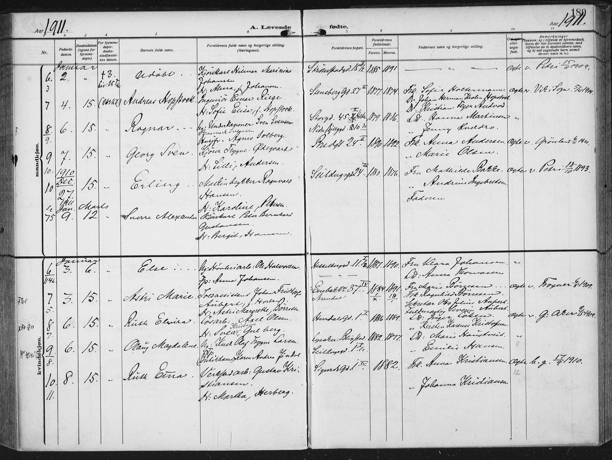 Rikshospitalet prestekontor Kirkebøker, SAO/A-10309b/F/L0014: Parish register (official) no. 14, 1909-1912, p. 189