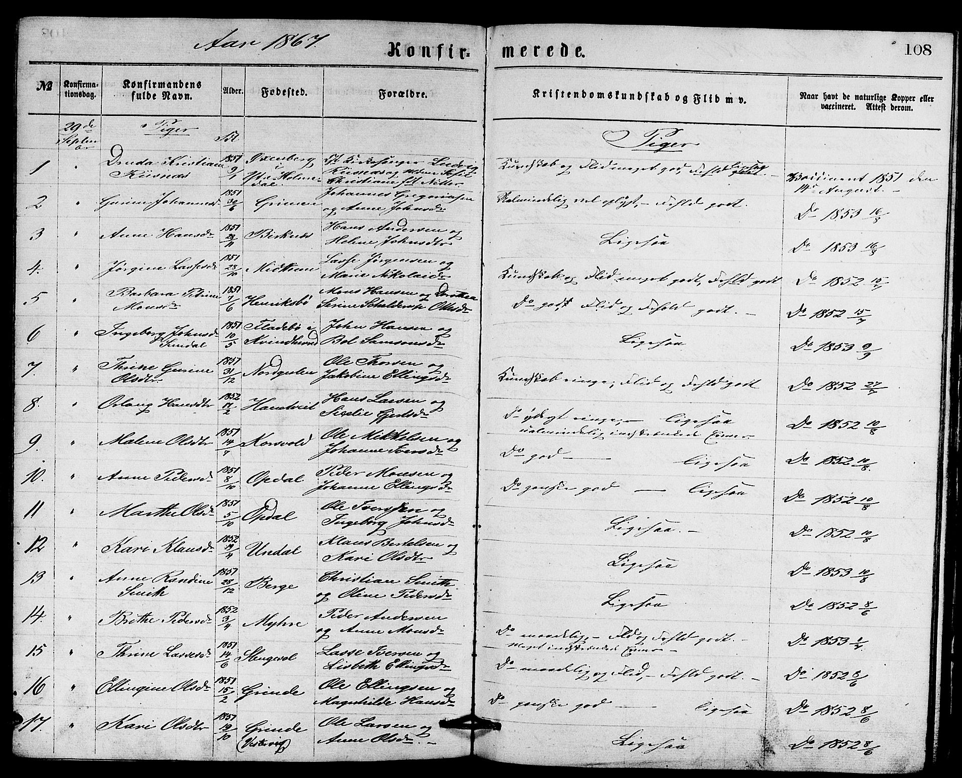 Gulen sokneprestembete, AV/SAB-A-80201/H/Hab/Habb/L0002: Parish register (copy) no. B 2, 1867-1883, p. 108