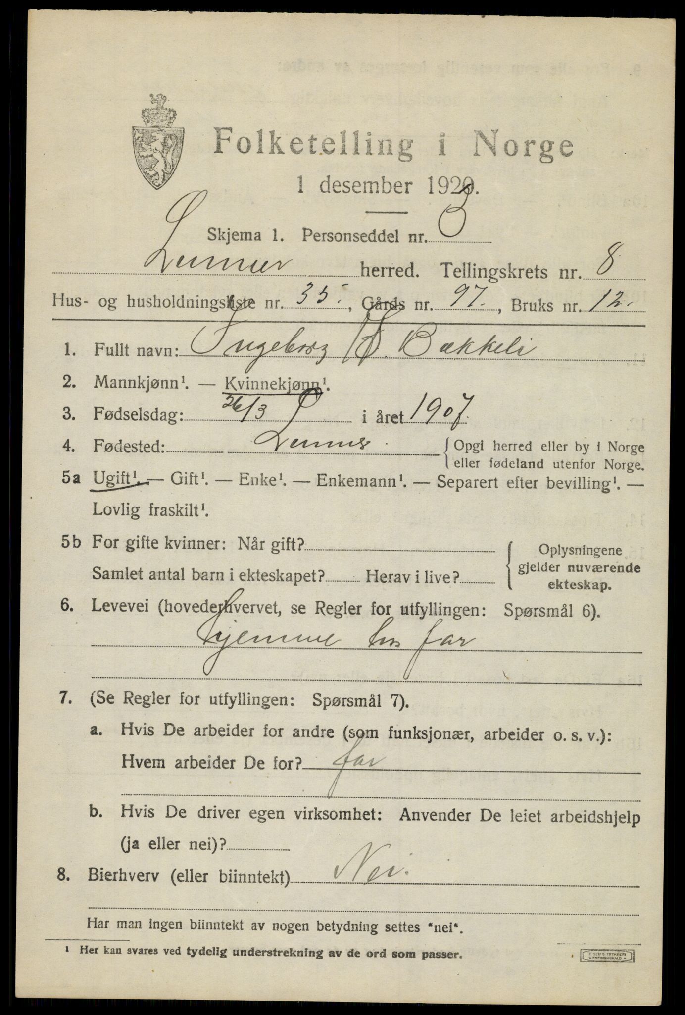 SAH, 1920 census for Lunner, 1920, p. 9451