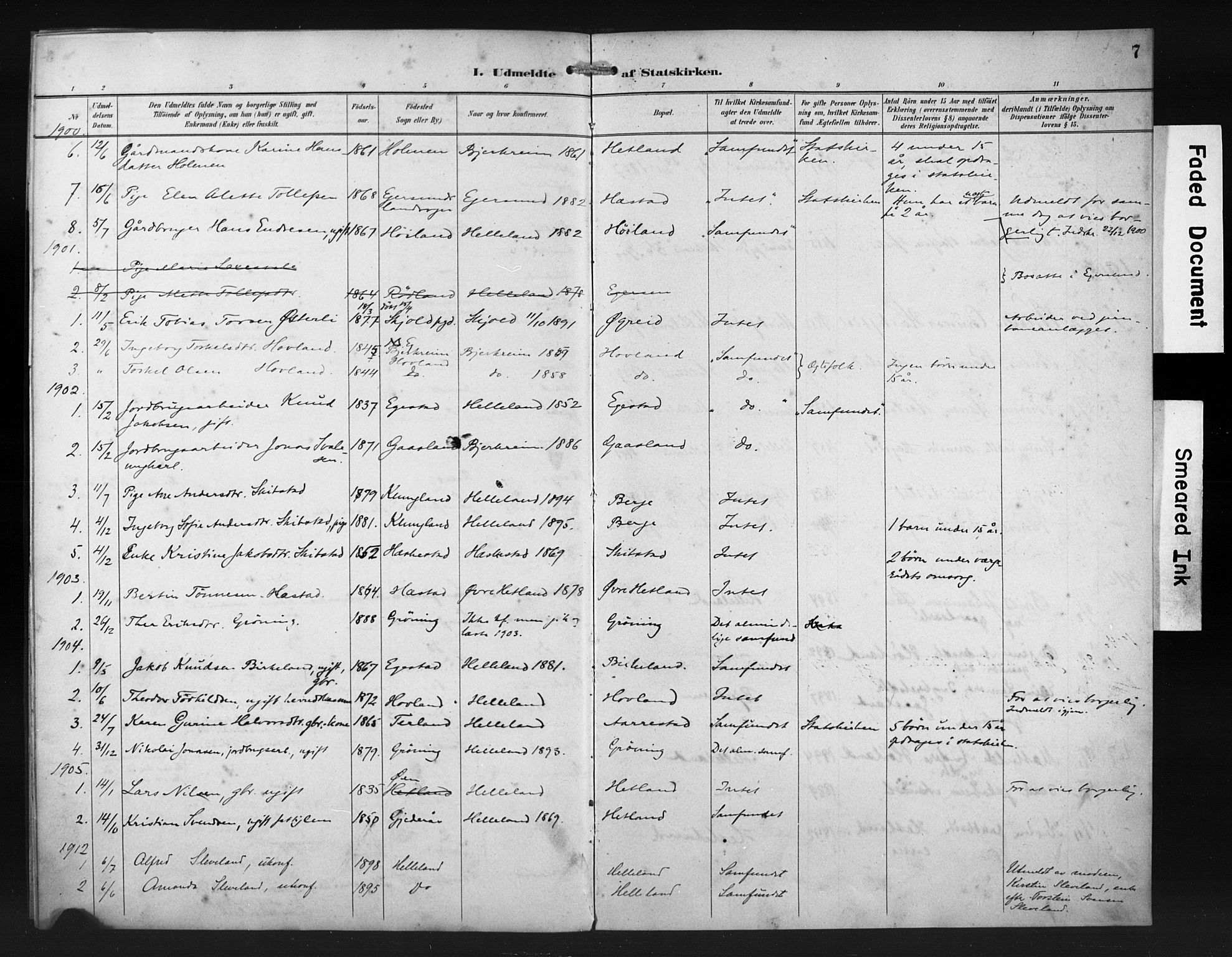 Helleland sokneprestkontor, SAST/A-101810: Parish register (official) no. 30BA12, 1892-1918, p. 7