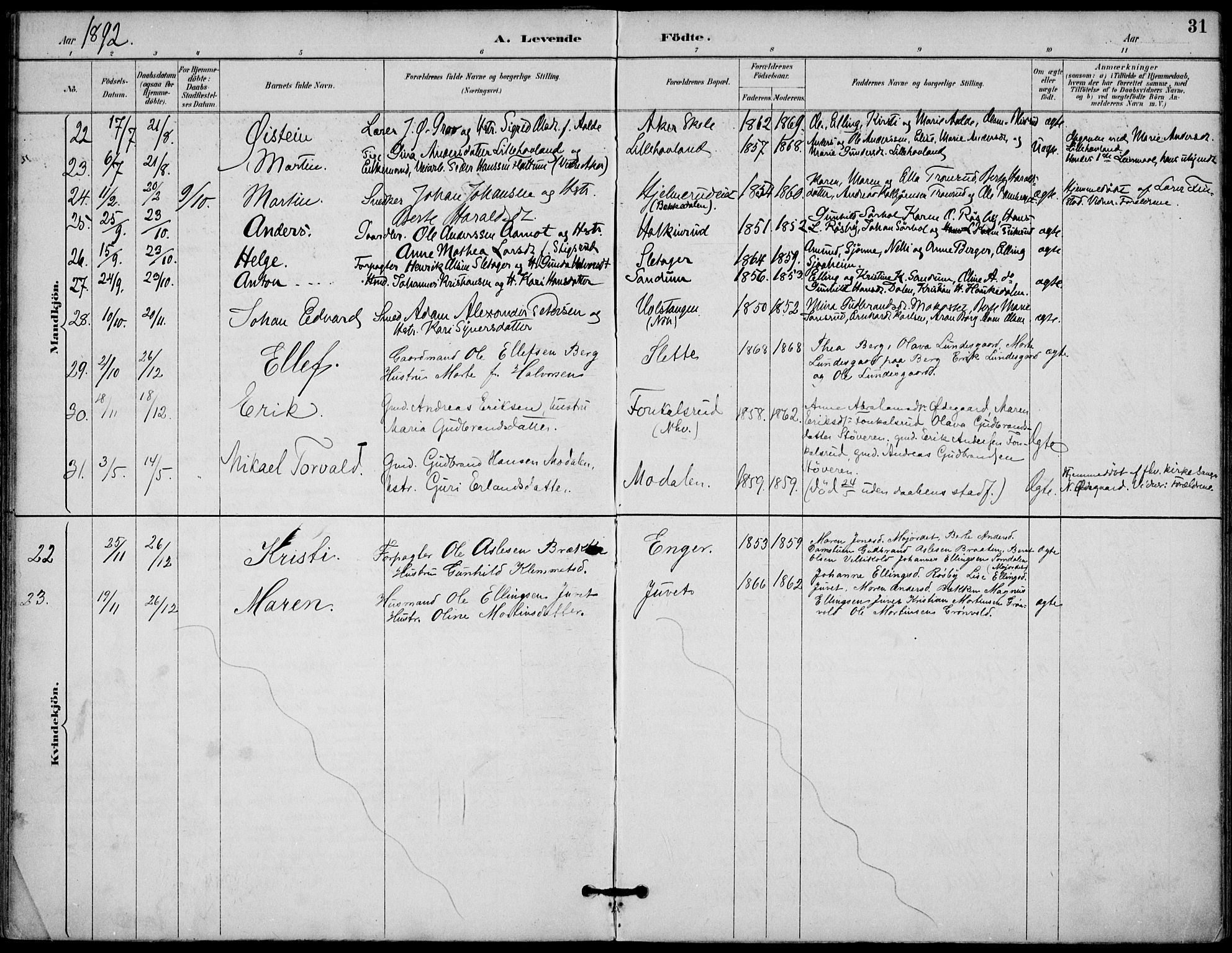 Lunder kirkebøker, AV/SAKO-A-629/F/Fa/L0001: Parish register (official) no. I 1, 1885-1912, p. 31