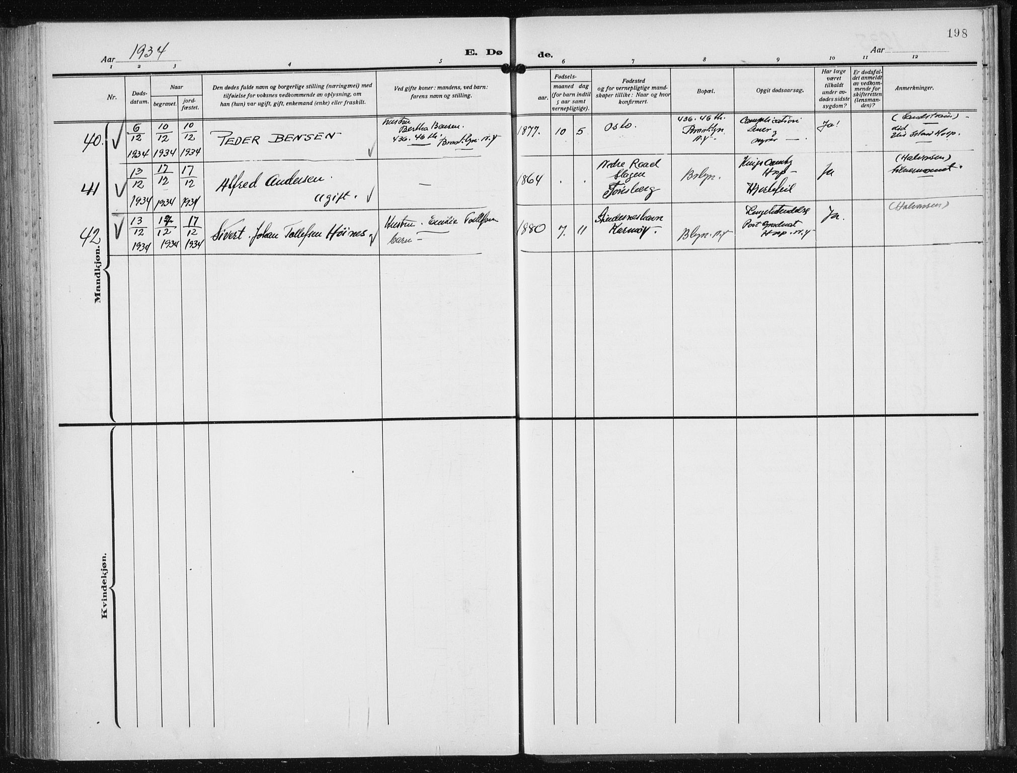 Den norske sjømannsmisjon i utlandet/New York, SAB/SAB/PA-0110/H/Ha/L0008: Parish register (official) no. A 8, 1923-1935, p. 198