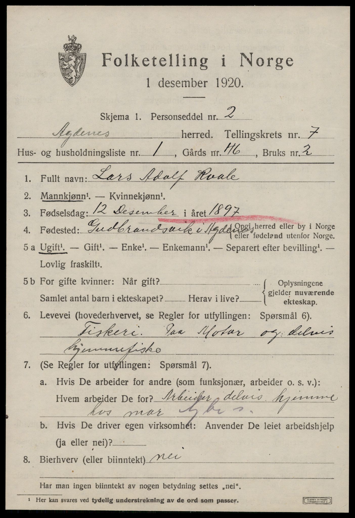 SAT, 1920 census for Agdenes, 1920, p. 2675