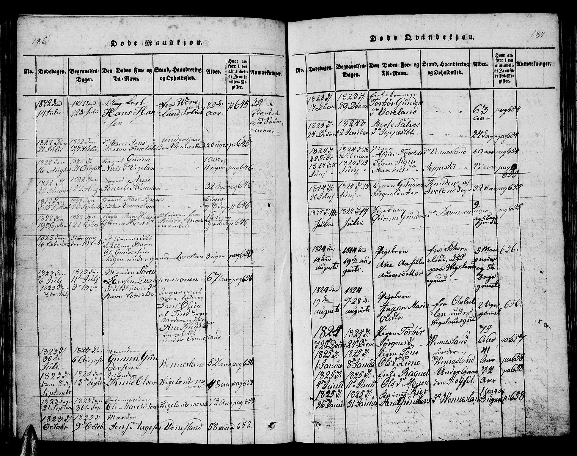 Vennesla sokneprestkontor, AV/SAK-1111-0045/Fb/Fbb/L0001: Parish register (copy) no. B 1, 1820-1834, p. 186-187