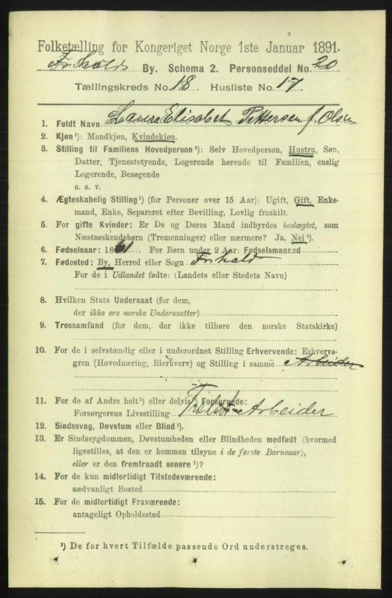 RA, 1891 census for 0101 Fredrikshald, 1891, p. 11583