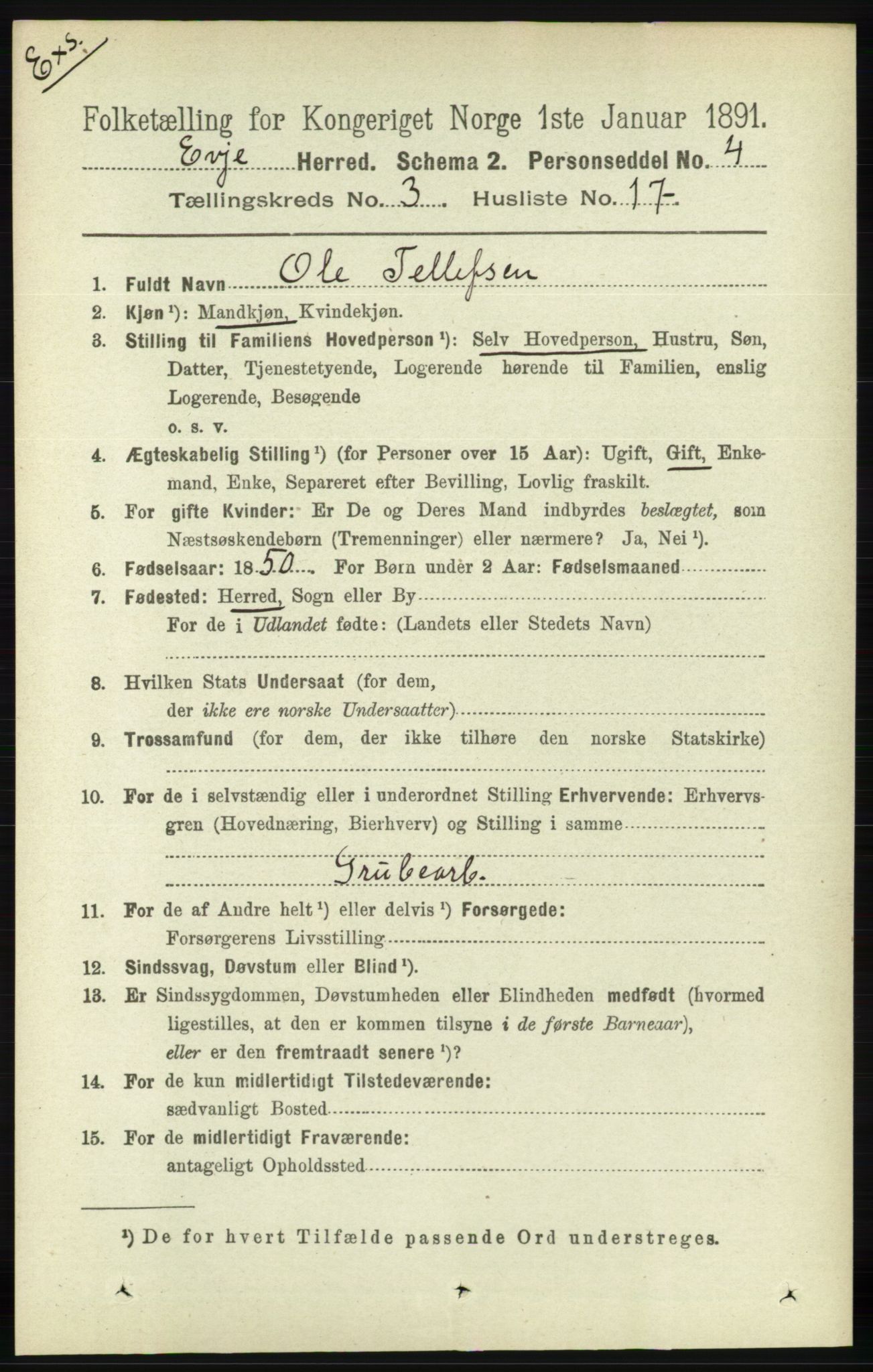 RA, Census 1891 for Nedenes amt: Gjenparter av personsedler for beslektede ektefeller, menn, 1891, p. 1004