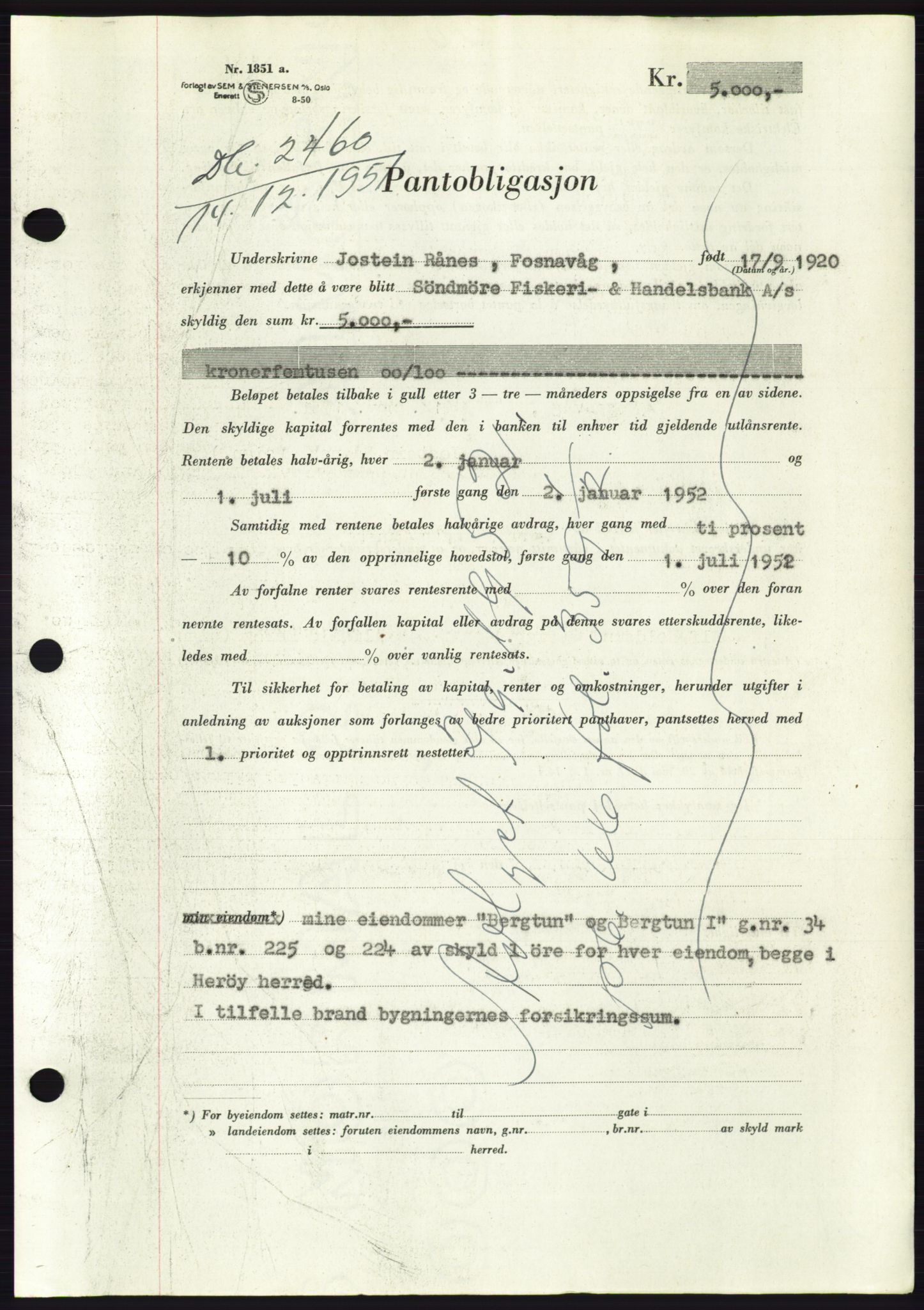 Søre Sunnmøre sorenskriveri, AV/SAT-A-4122/1/2/2C/L0121: Mortgage book no. 9B, 1951-1952, Diary no: : 2460/1951