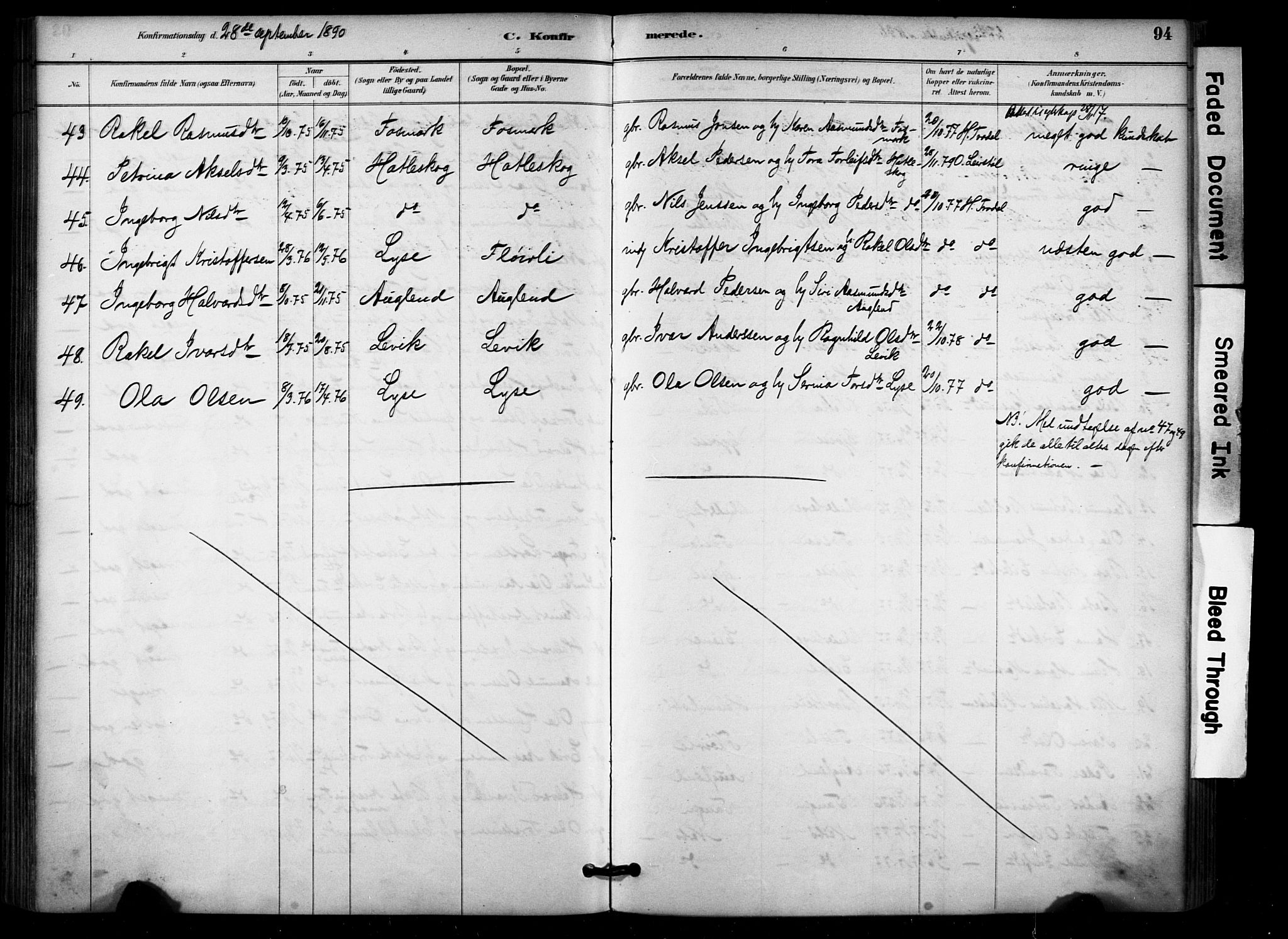 Høgsfjord sokneprestkontor, AV/SAST-A-101624/H/Ha/Haa/L0006: Parish register (official) no. A 6, 1885-1897, p. 94