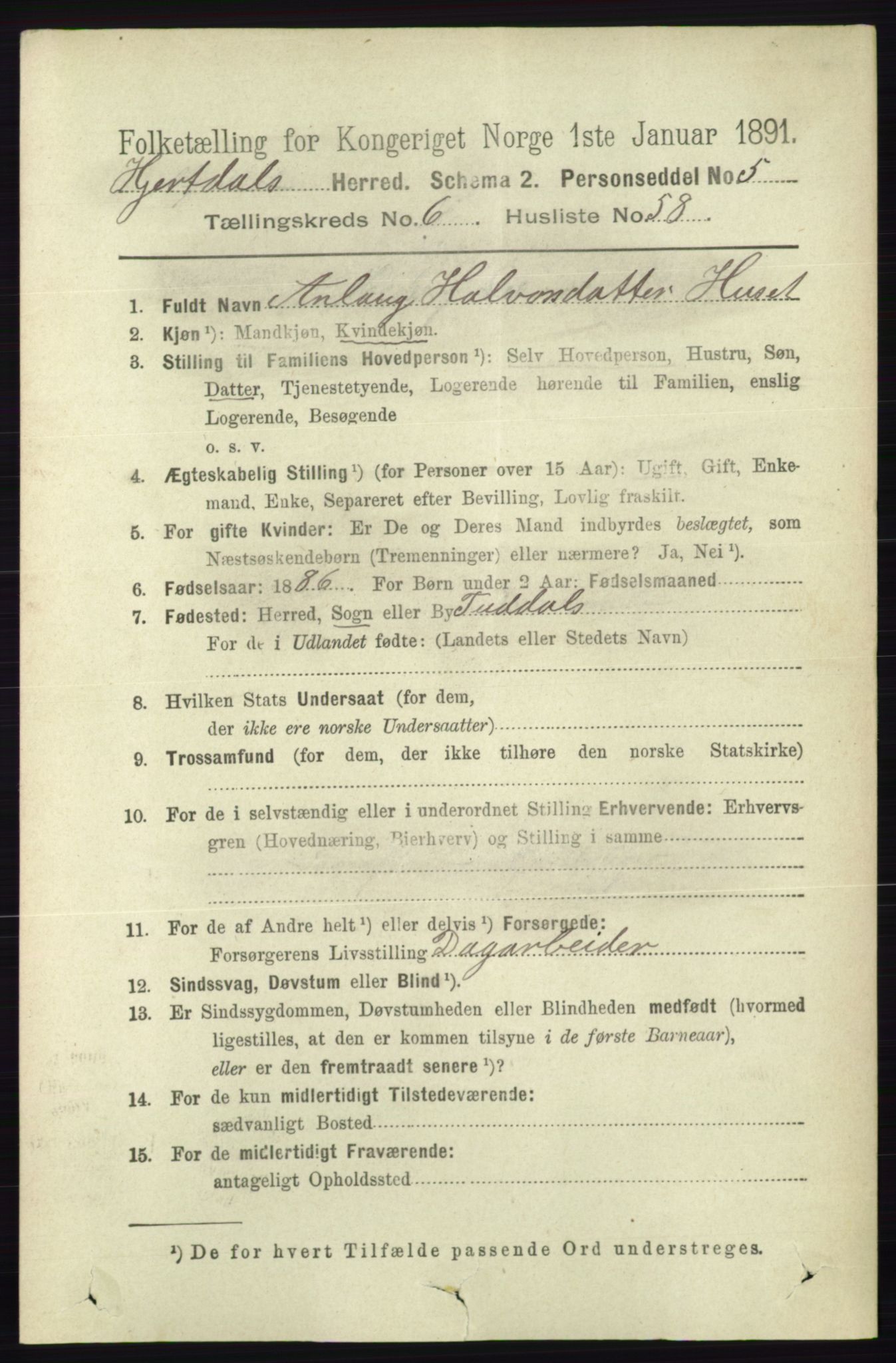 RA, 1891 census for 0827 Hjartdal, 1891, p. 2491