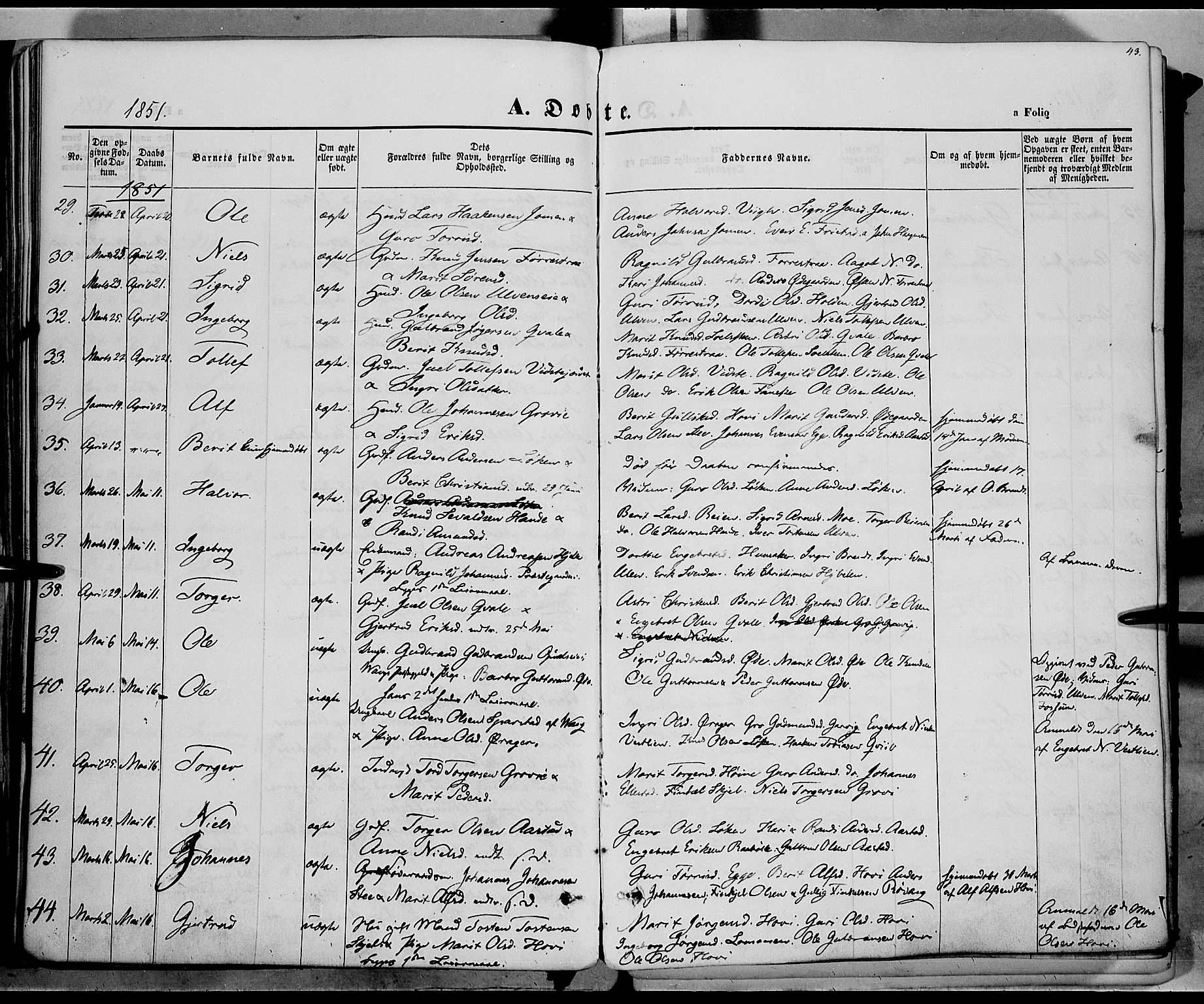 Vestre Slidre prestekontor, SAH/PREST-136/H/Ha/Haa/L0001: Parish register (official) no. 1, 1844-1855, p. 43