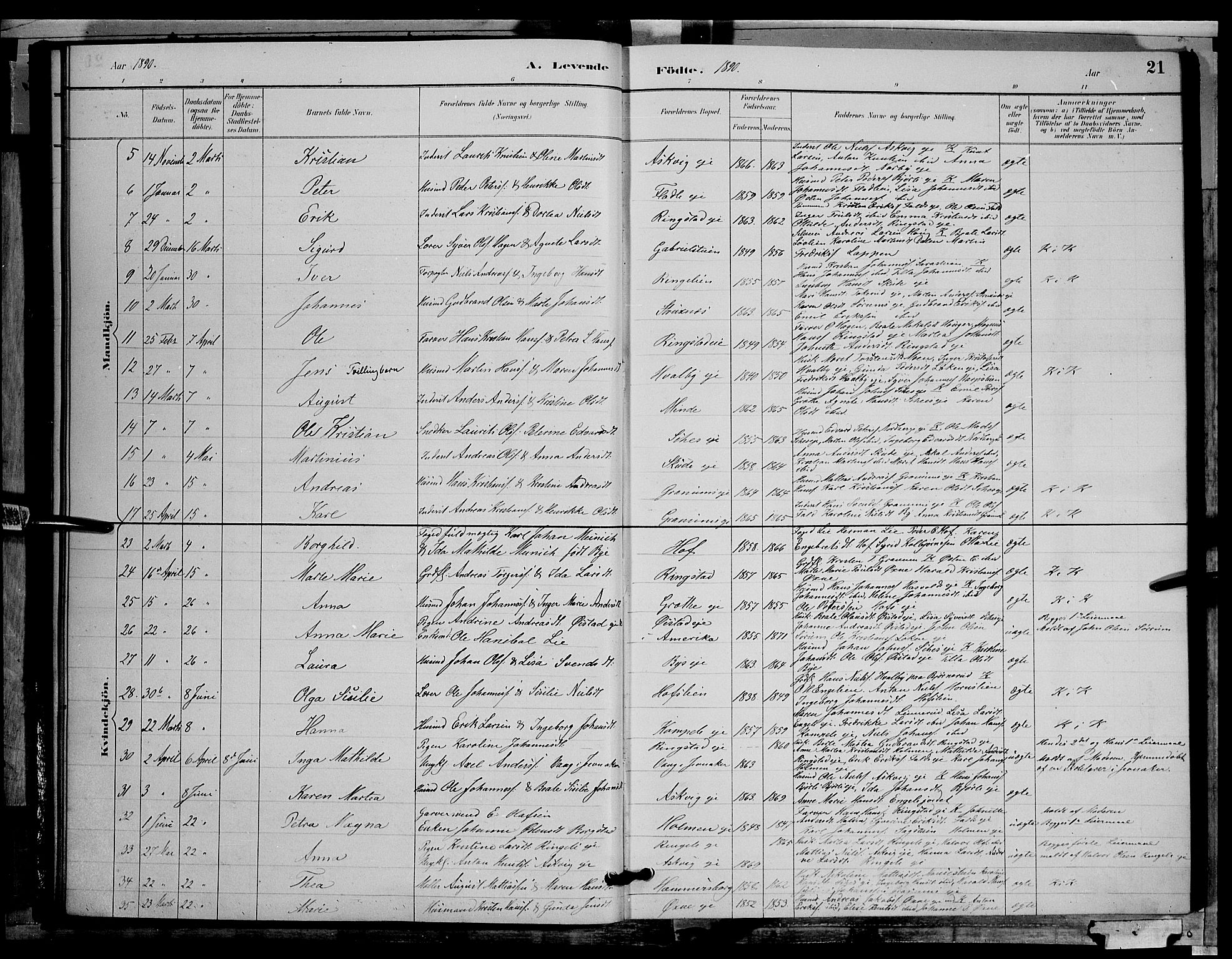 Søndre Land prestekontor, AV/SAH-PREST-122/L/L0002: Parish register (copy) no. 2, 1884-1900, p. 21