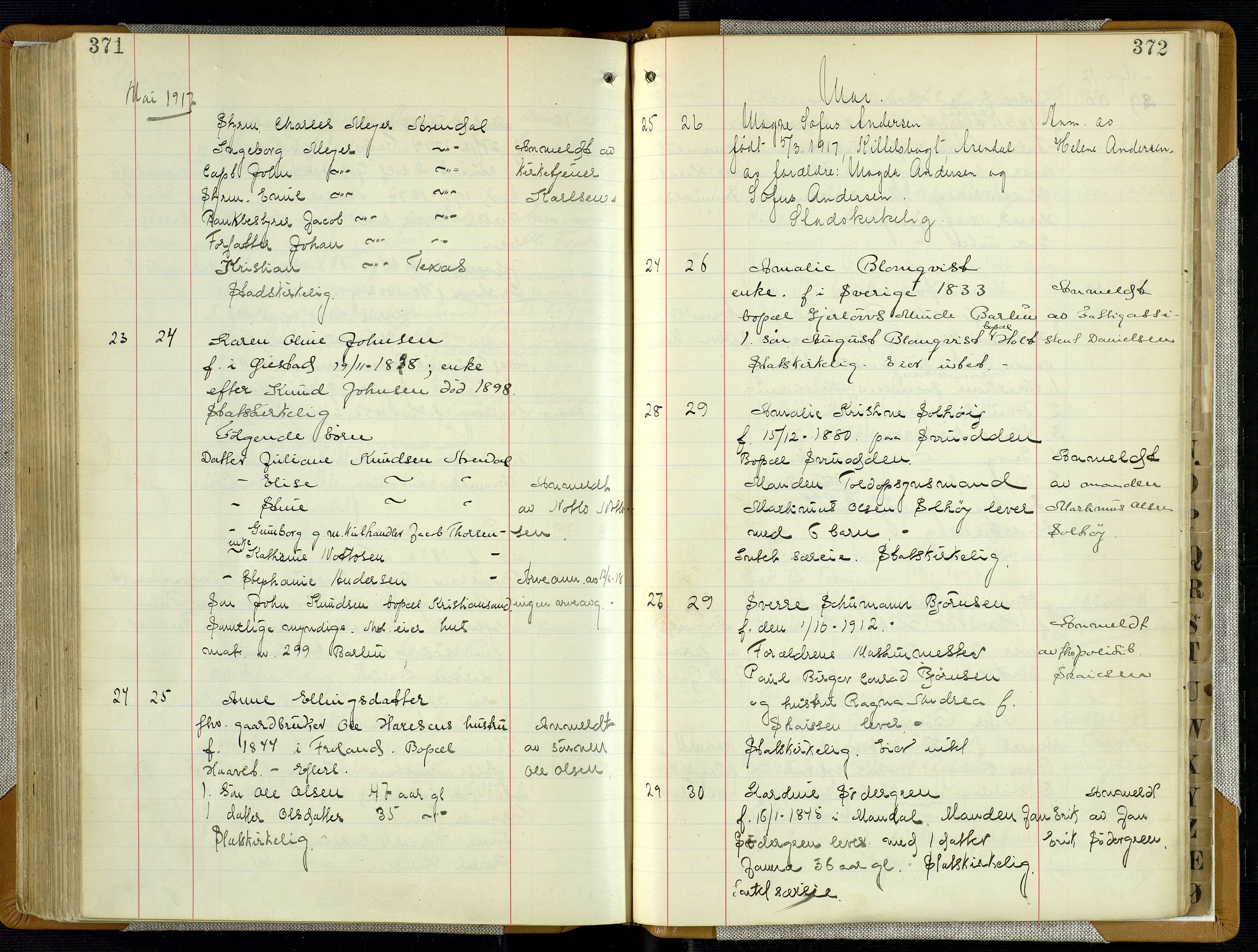 Arendal byfogd, SAK/1222-0001/H/Ha/L0003: Dødsfallsprotokoll, 1908-1917, p. 371-372