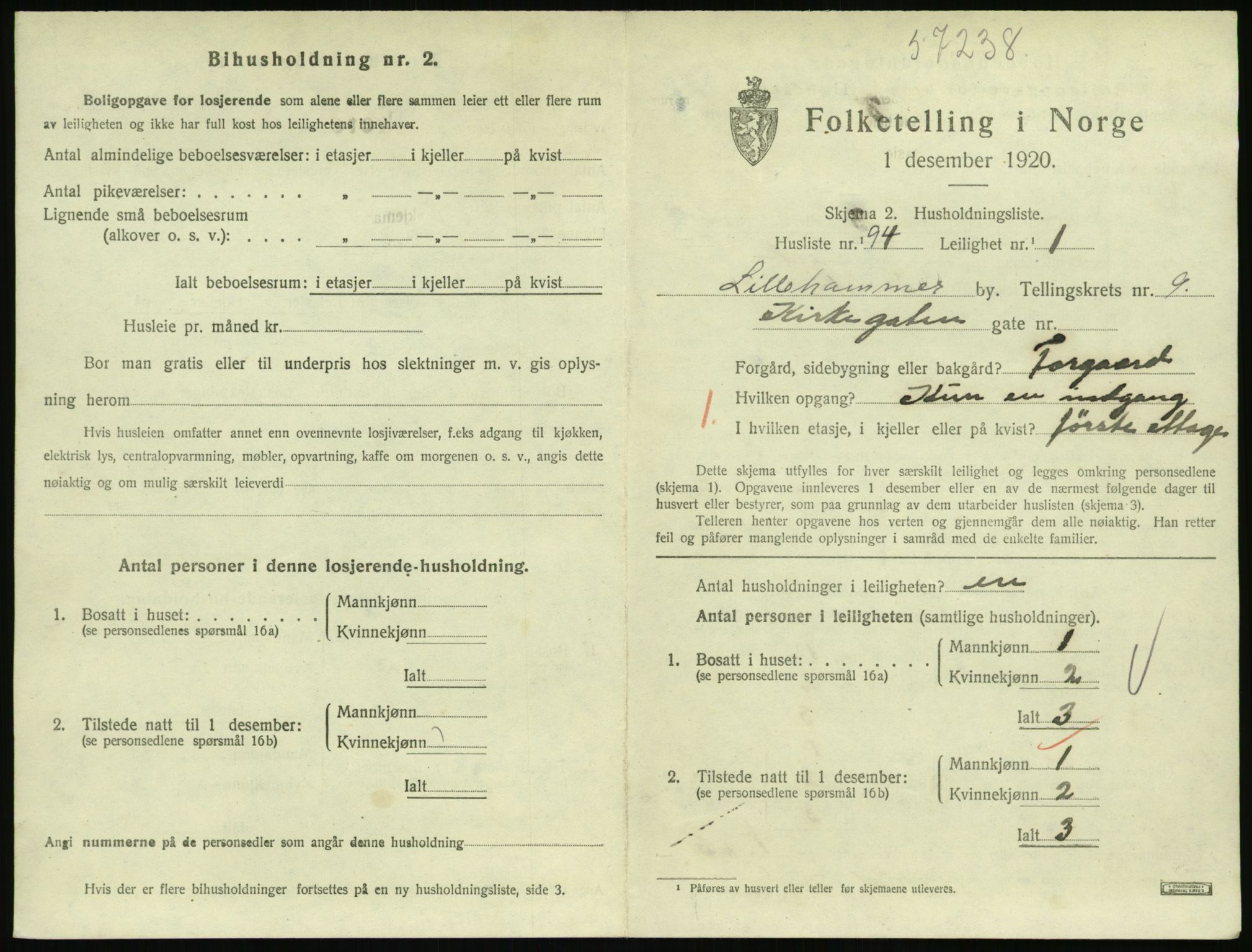 SAH, 1920 census for Lillehammer, 1920, p. 3394