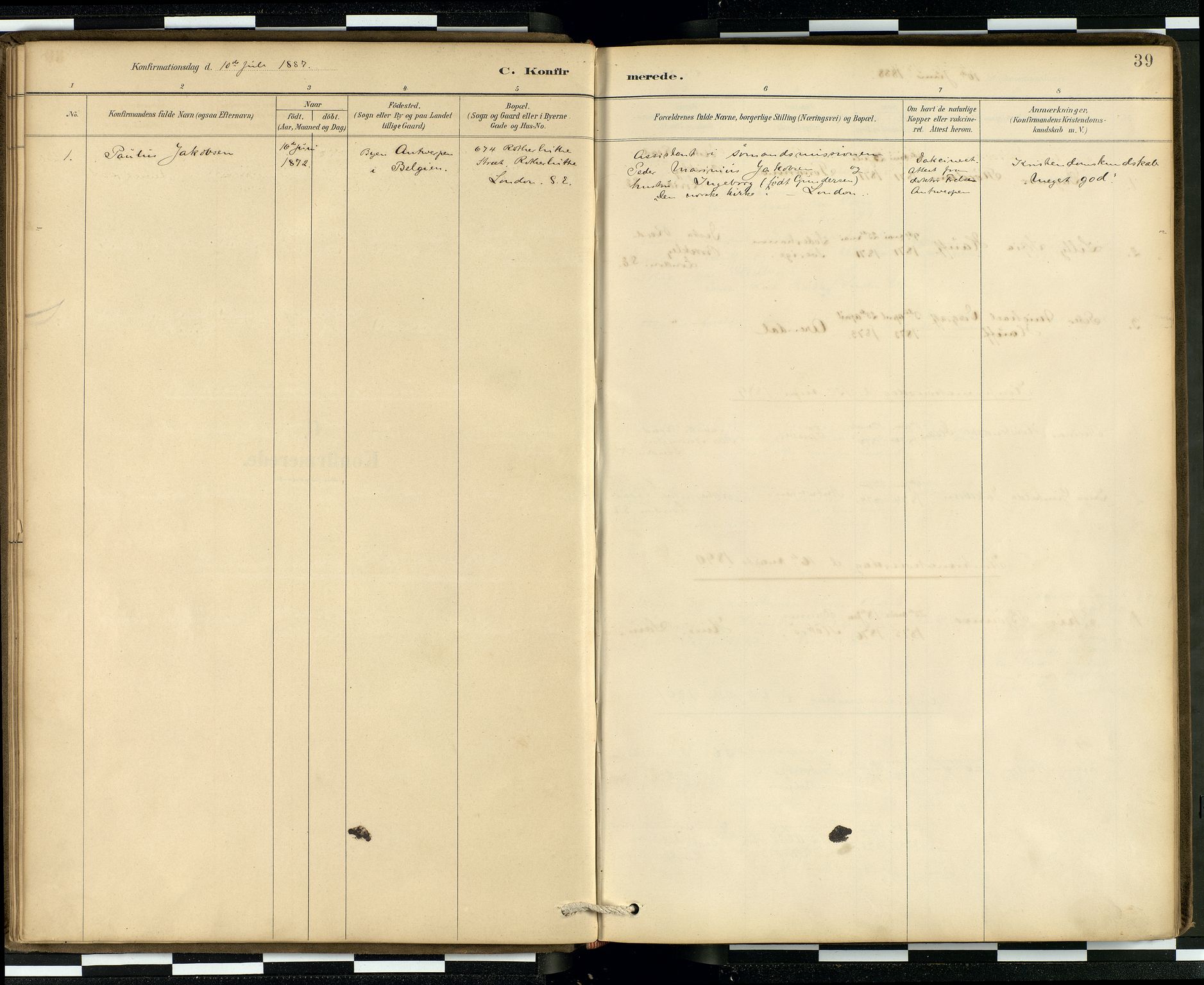  Den norske sjømannsmisjon i utlandet/London m/bistasjoner, SAB/SAB/PA-0103/H/Ha/L0002: Parish register (official) no. A 2, 1887-1903, p. 38b-39a