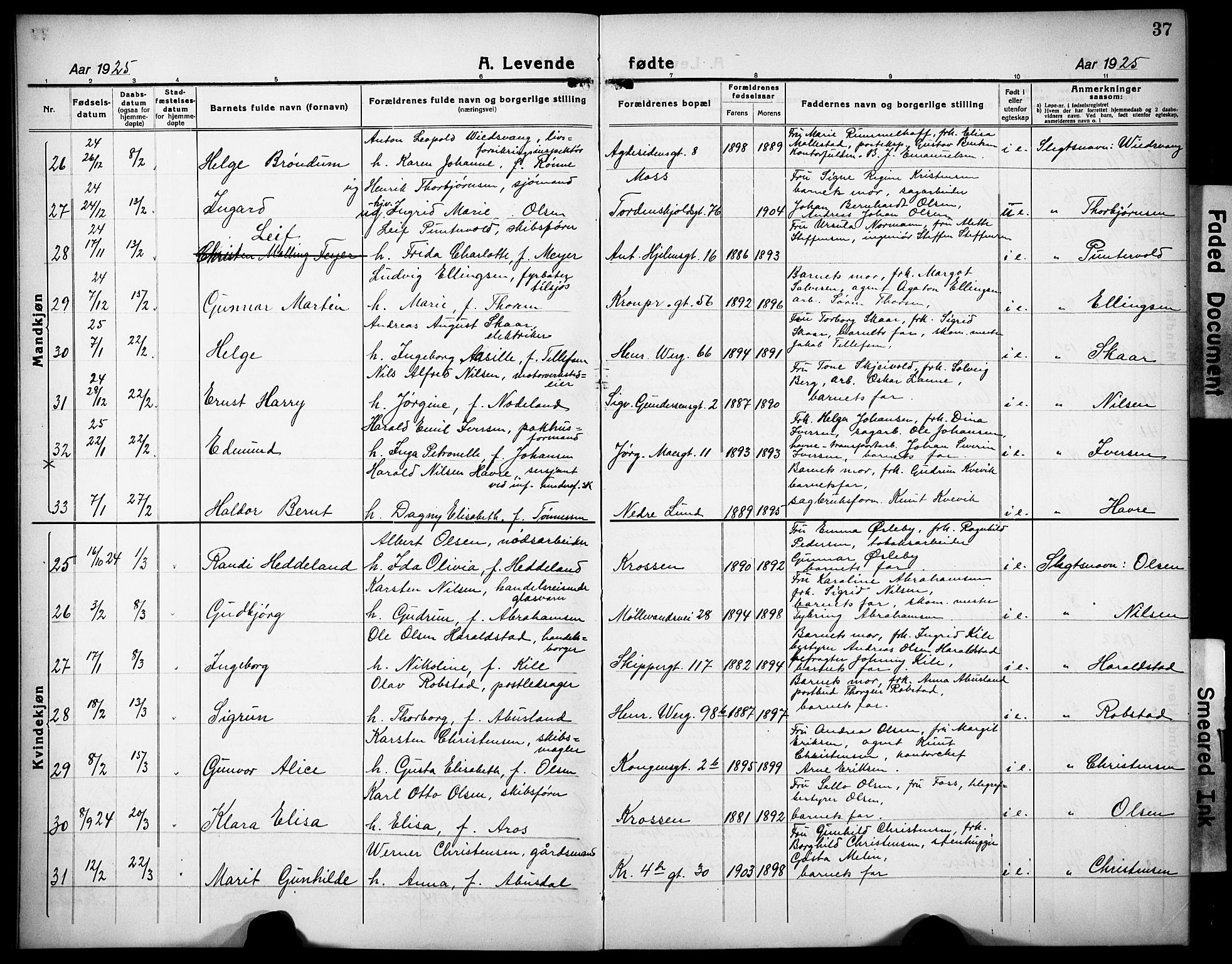 Kristiansand domprosti, AV/SAK-1112-0006/F/Fb/L0024: Parish register (copy) no. B 24, 1923-1933, p. 37