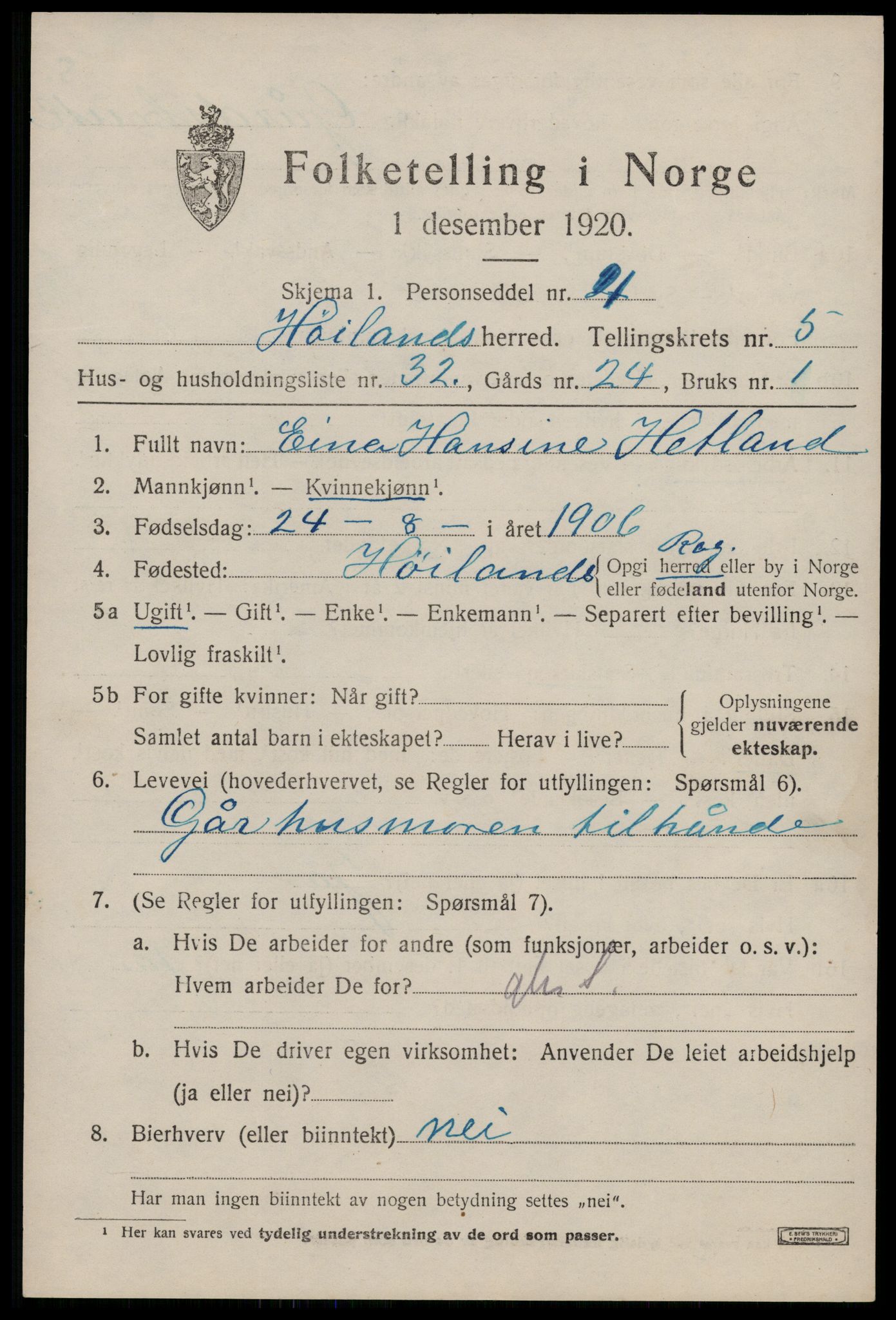 SAST, 1920 census for Høyland, 1920, p. 4262