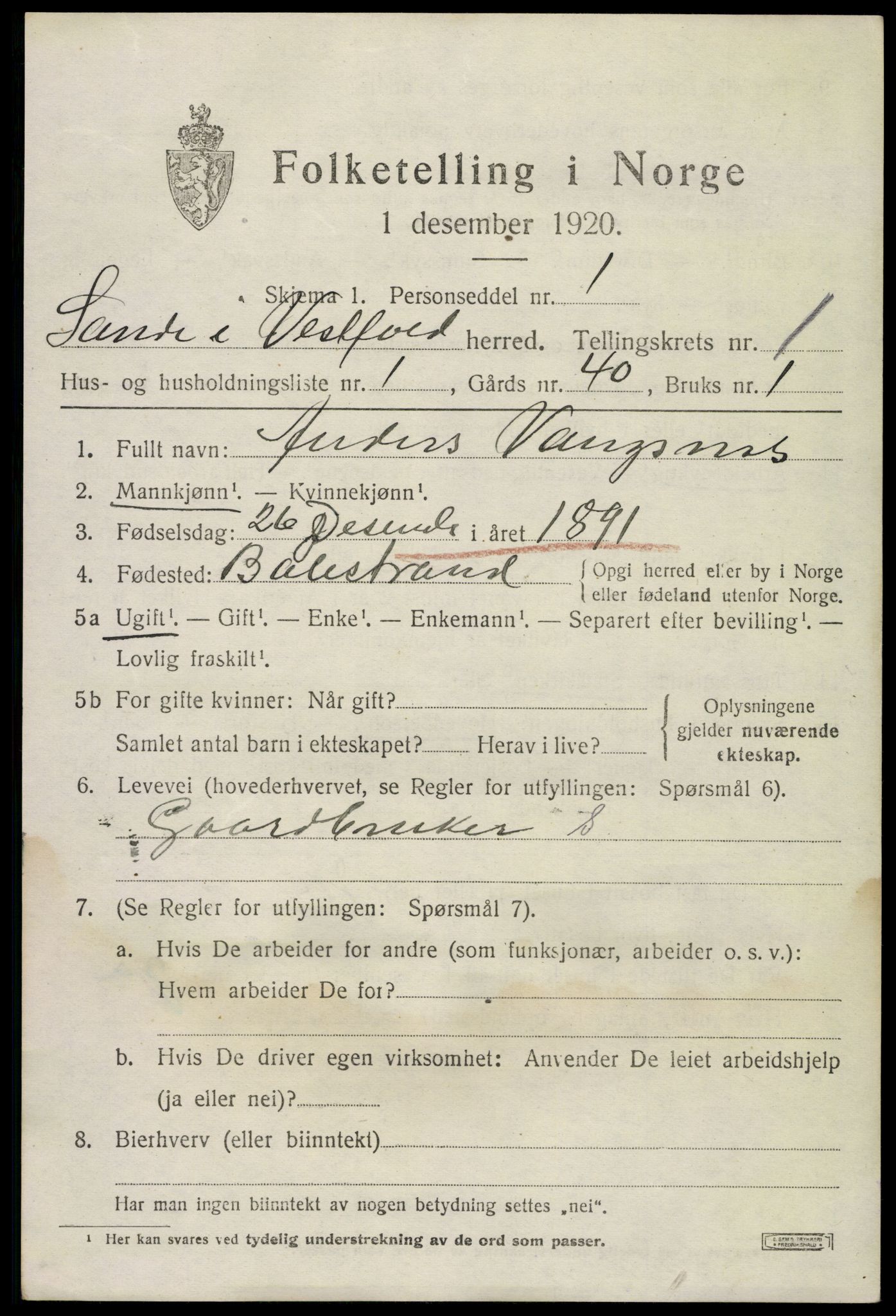 SAKO, 1920 census for Sande, 1920, p. 4050