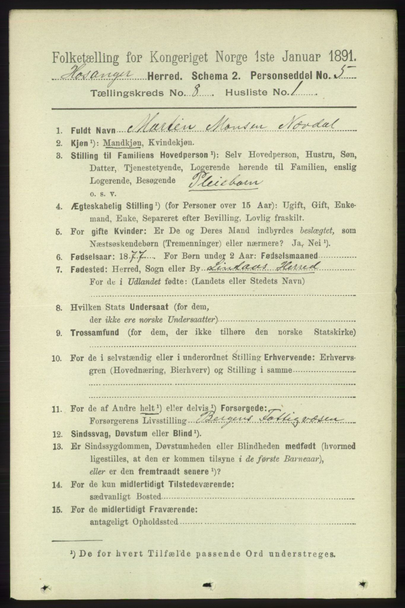 RA, 1891 census for 1253 Hosanger, 1891, p. 2956