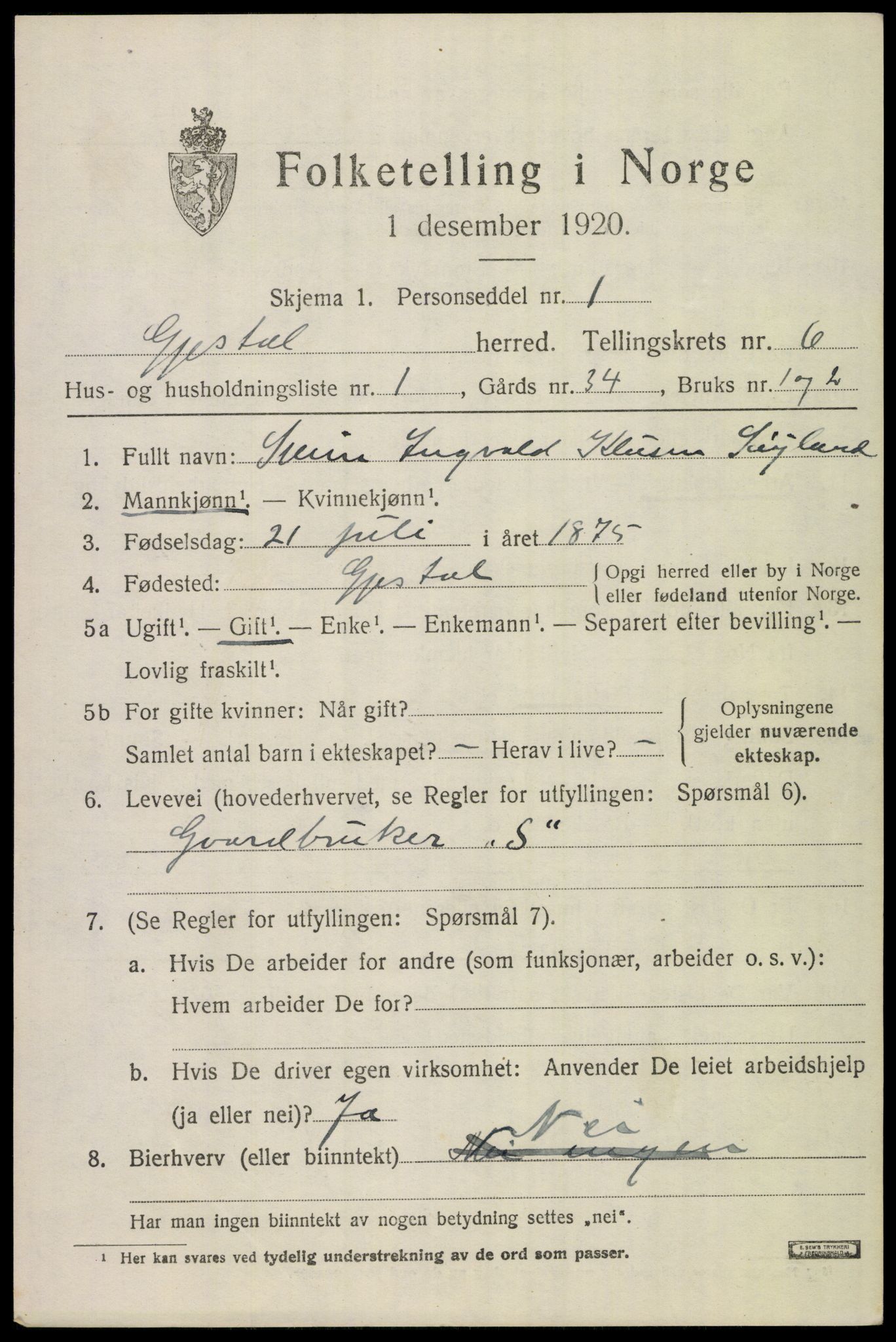 SAST, 1920 census for Gjesdal, 1920, p. 3388