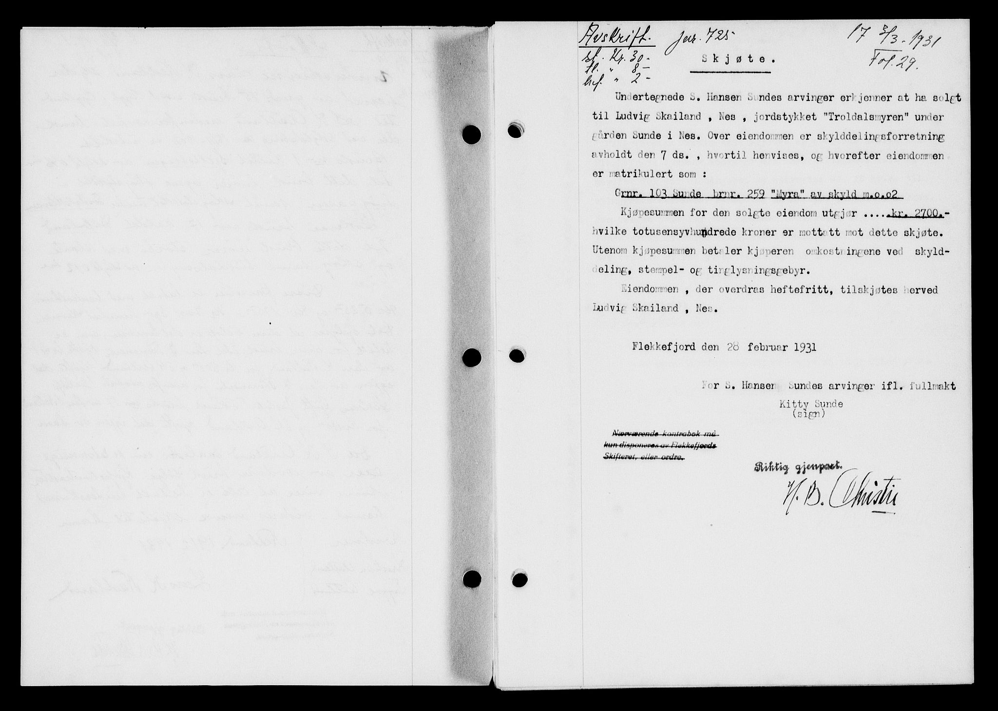 Flekkefjord sorenskriveri, SAK/1221-0001/G/Gb/Gba/L0046: Mortgage book no. 44, 1930-1931, Deed date: 03.03.1931