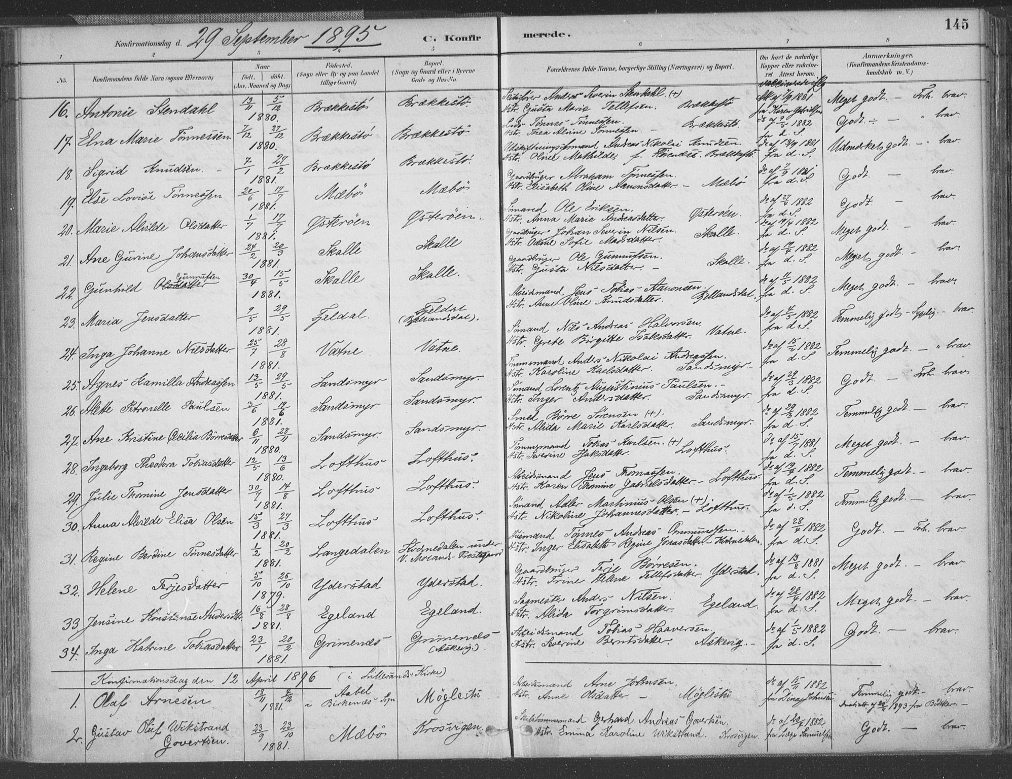 Vestre Moland sokneprestkontor, SAK/1111-0046/F/Fa/Fab/L0009: Parish register (official) no. A 9, 1884-1899, p. 145