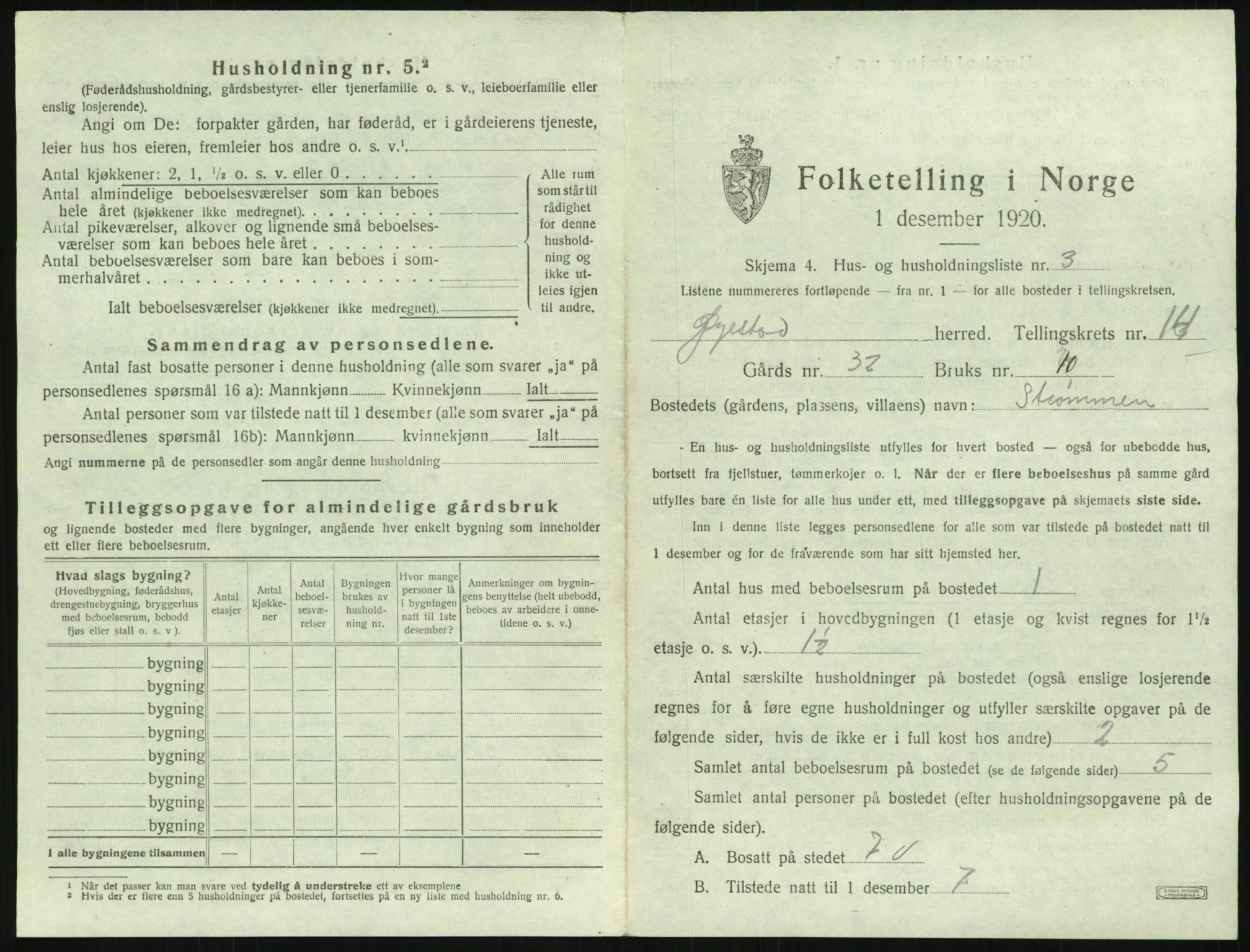 SAK, 1920 census for Øyestad, 1920, p. 1562