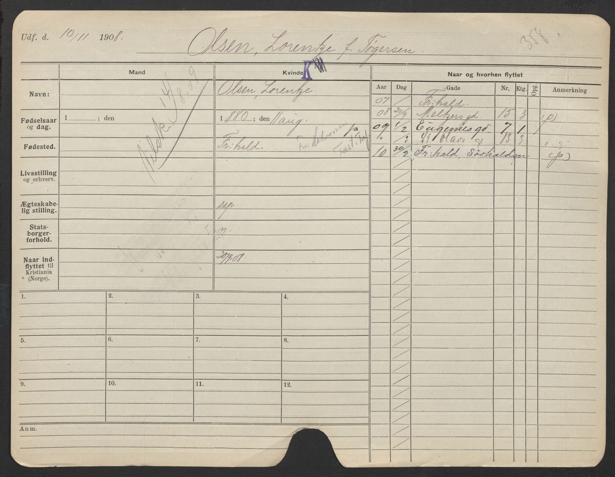 Oslo folkeregister, Registerkort, AV/SAO-A-11715/F/Fa/Fac/L0022: Kvinner, 1906-1914, p. 85a