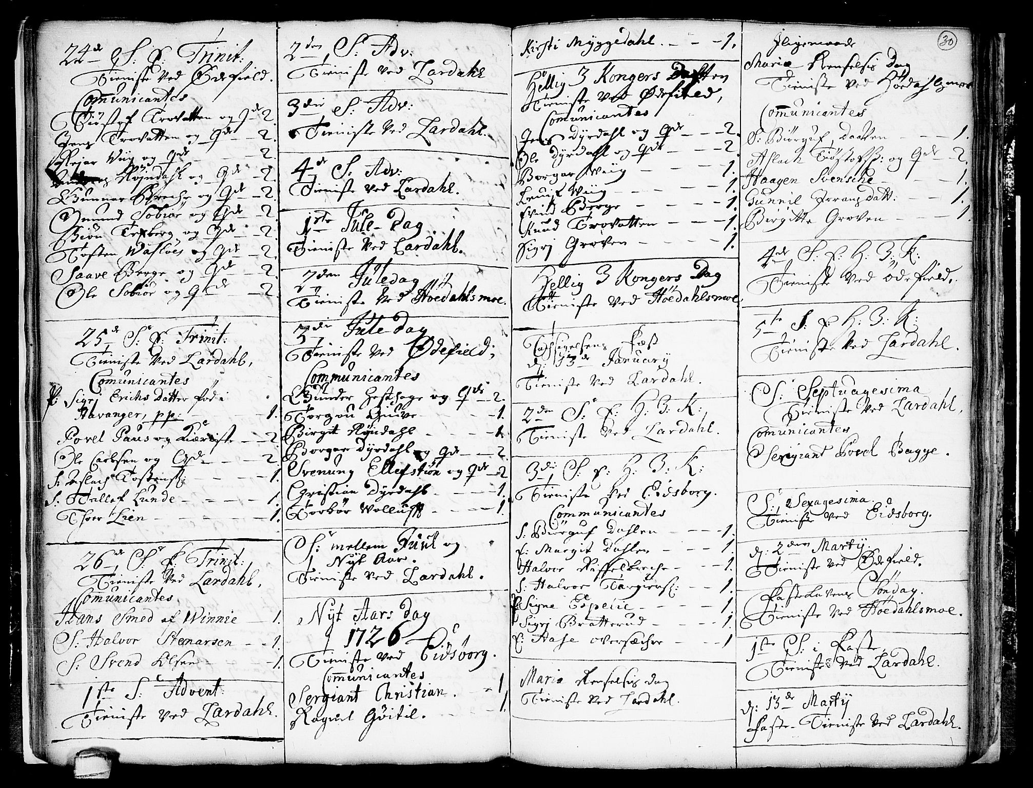 Lårdal kirkebøker, SAKO/A-284/F/Fa/L0001: Parish register (official) no. I 1, 1721-1734, p. 30