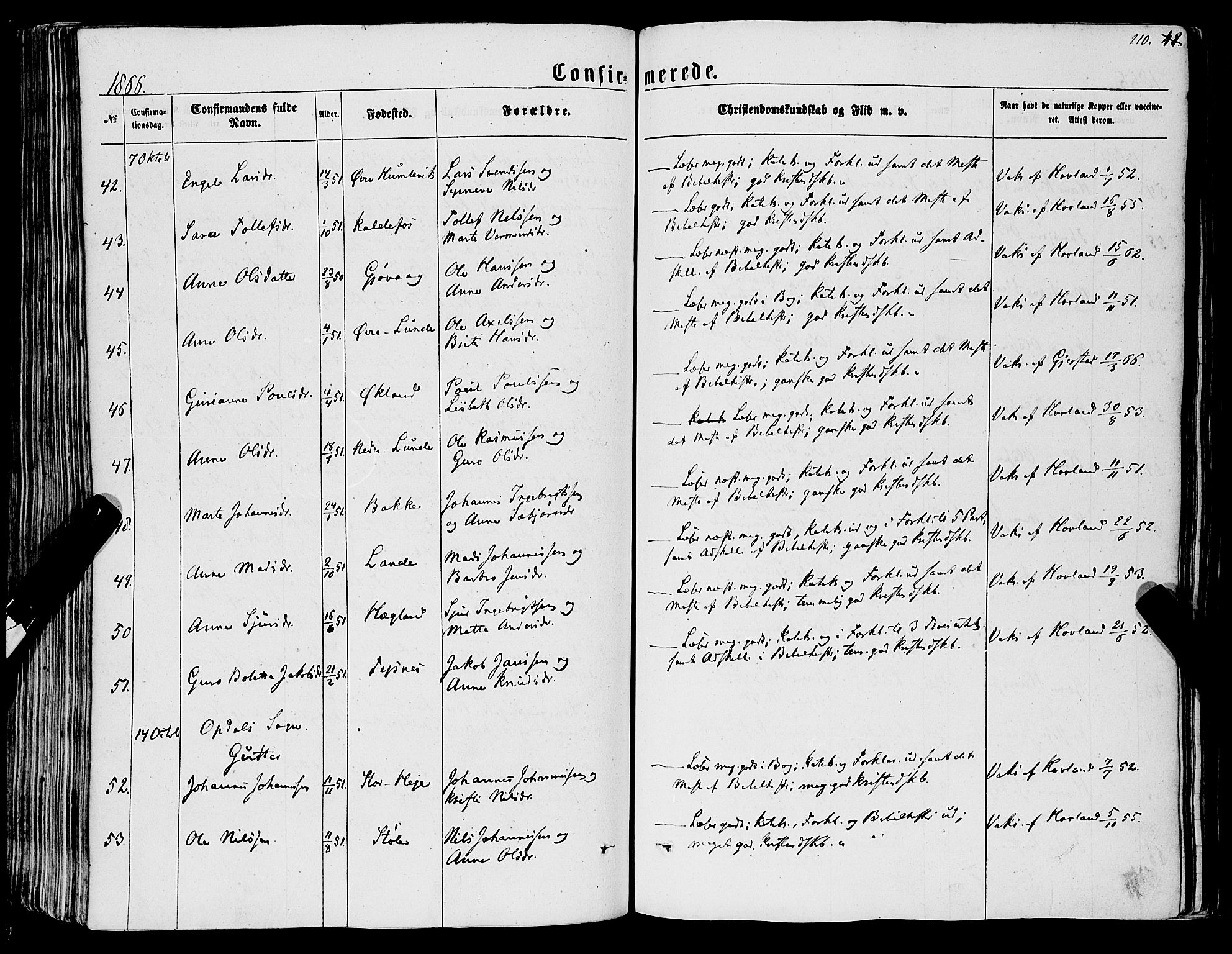 Tysnes sokneprestembete, SAB/A-78601/H/Haa: Parish register (official) no. A 11, 1860-1871, p. 210