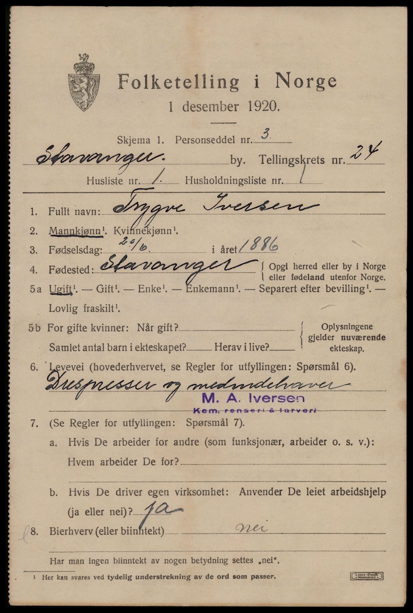 SAST, 1920 census for Stavanger, 1920, p. 76198