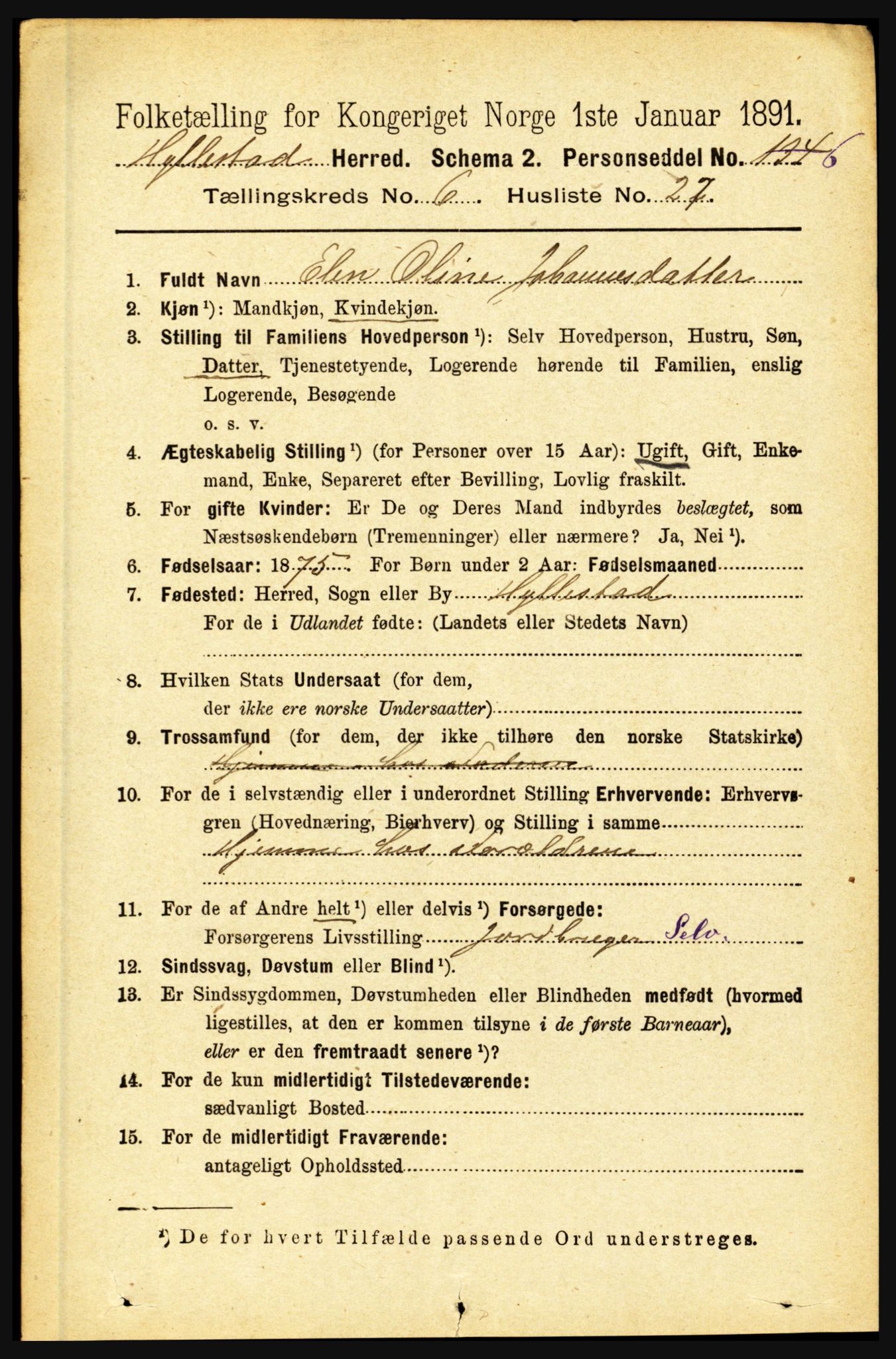 RA, 1891 census for 1413 Hyllestad, 1891, p. 1153