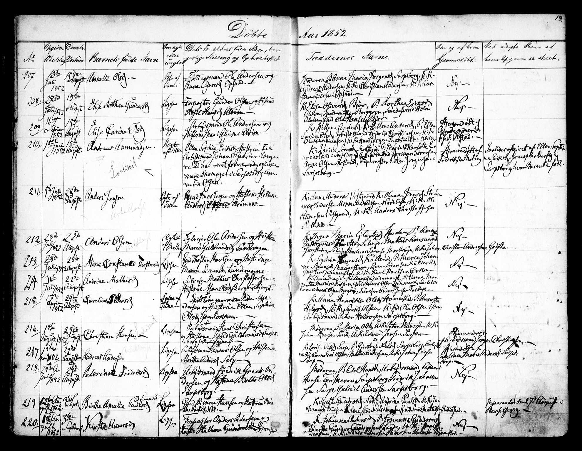Tune prestekontor Kirkebøker, AV/SAO-A-2007/F/Fa/L0011: Parish register (official) no. 11, 1852-1856, p. 13