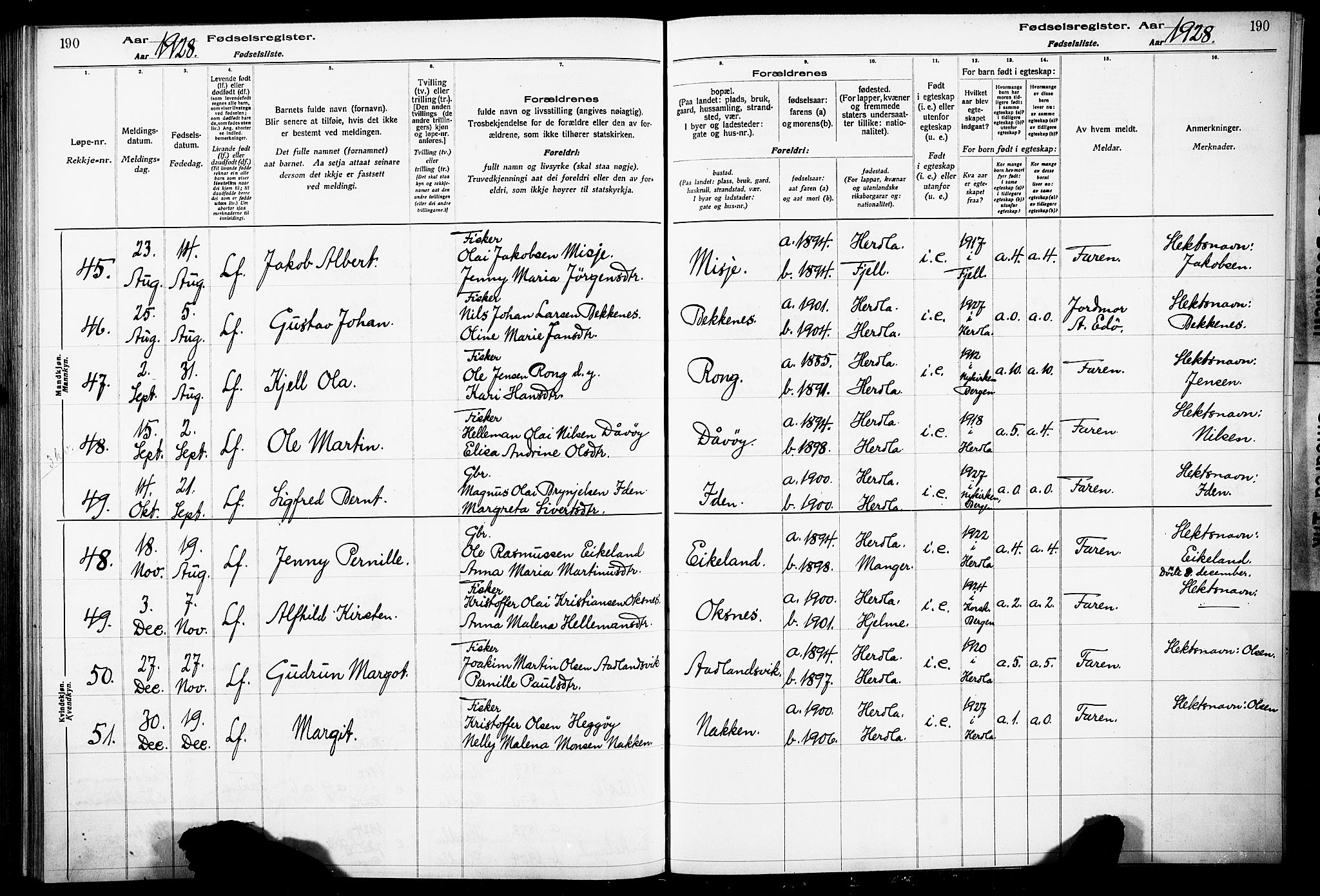 Herdla Sokneprestembete, AV/SAB-A-75701/I/Id/L00A1: Birth register no. A 1, 1916-1929, p. 190