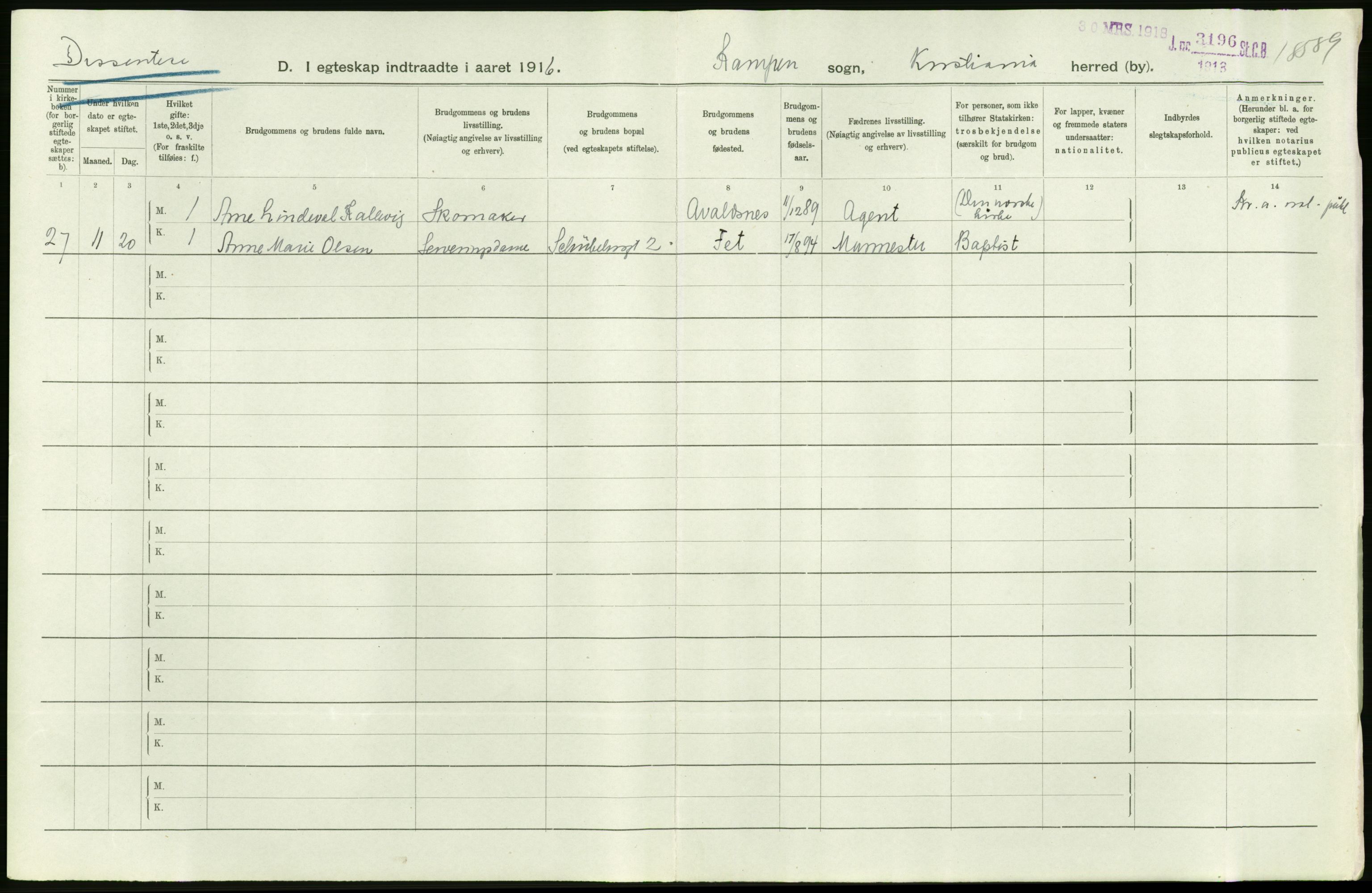 Statistisk sentralbyrå, Sosiodemografiske emner, Befolkning, RA/S-2228/D/Df/Dfb/Dfbf/L0008: Kristiania: Gifte, 1916, p. 718