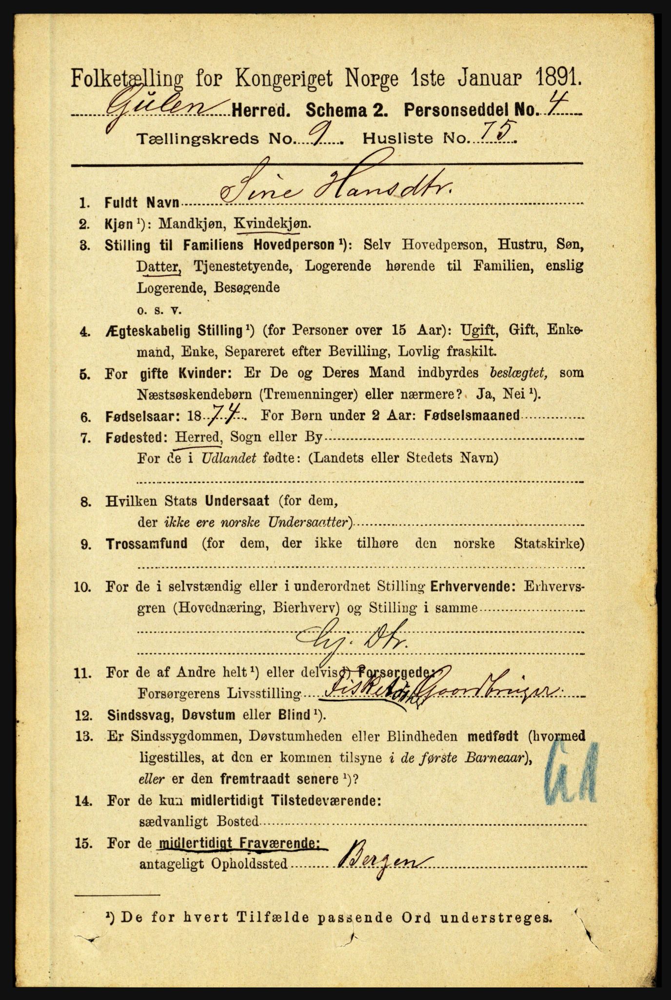 RA, 1891 census for 1411 Gulen, 1891, p. 3250