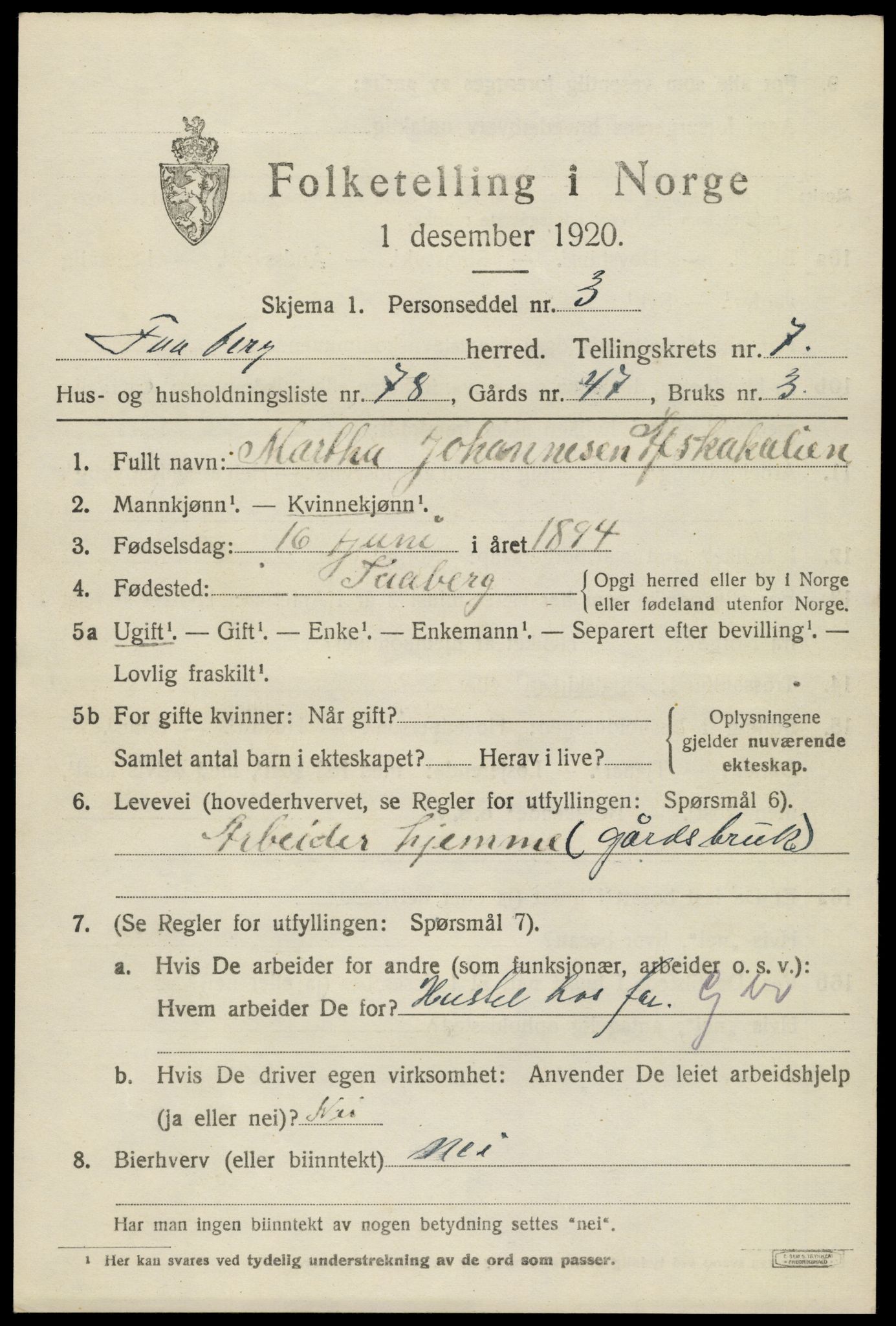 SAH, 1920 census for Fåberg, 1920, p. 9208